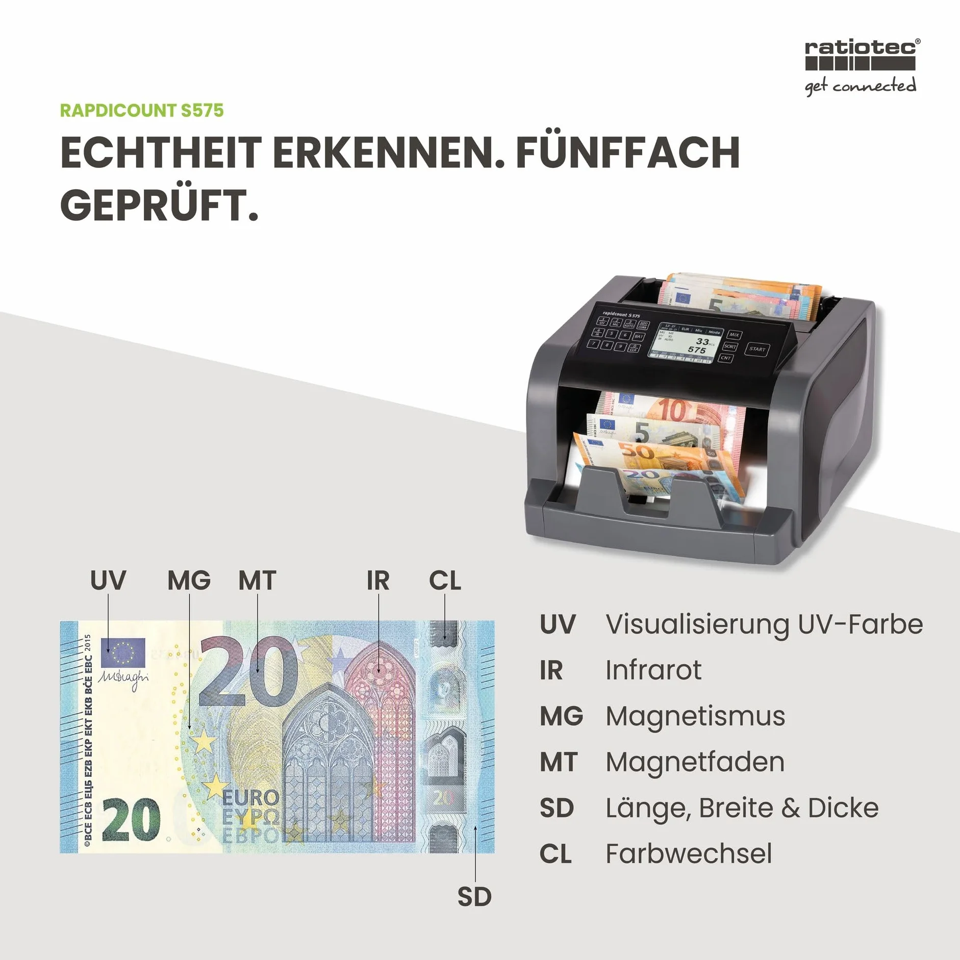 ratiotec Rapidcount S 575 maszyna do liczenia banknotów mieszanych z wyceną w kolorze czarnym