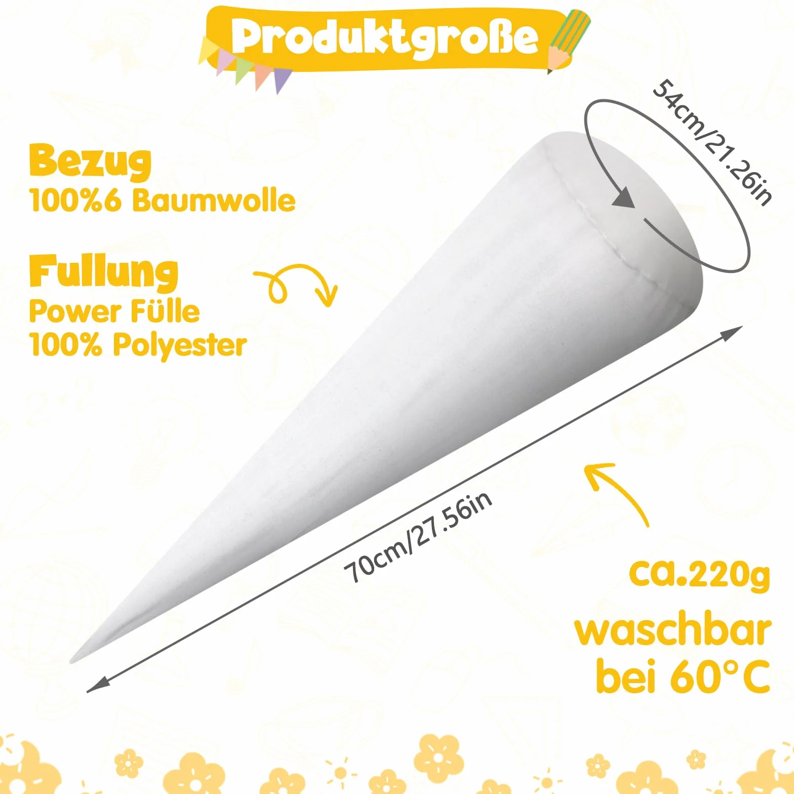 Rożek szkolny z materiału, wypełnienie, duże torebki, zamiast kartonu, do przytulania – wypełnienie do rożka szkolnego (85 cm, puste)