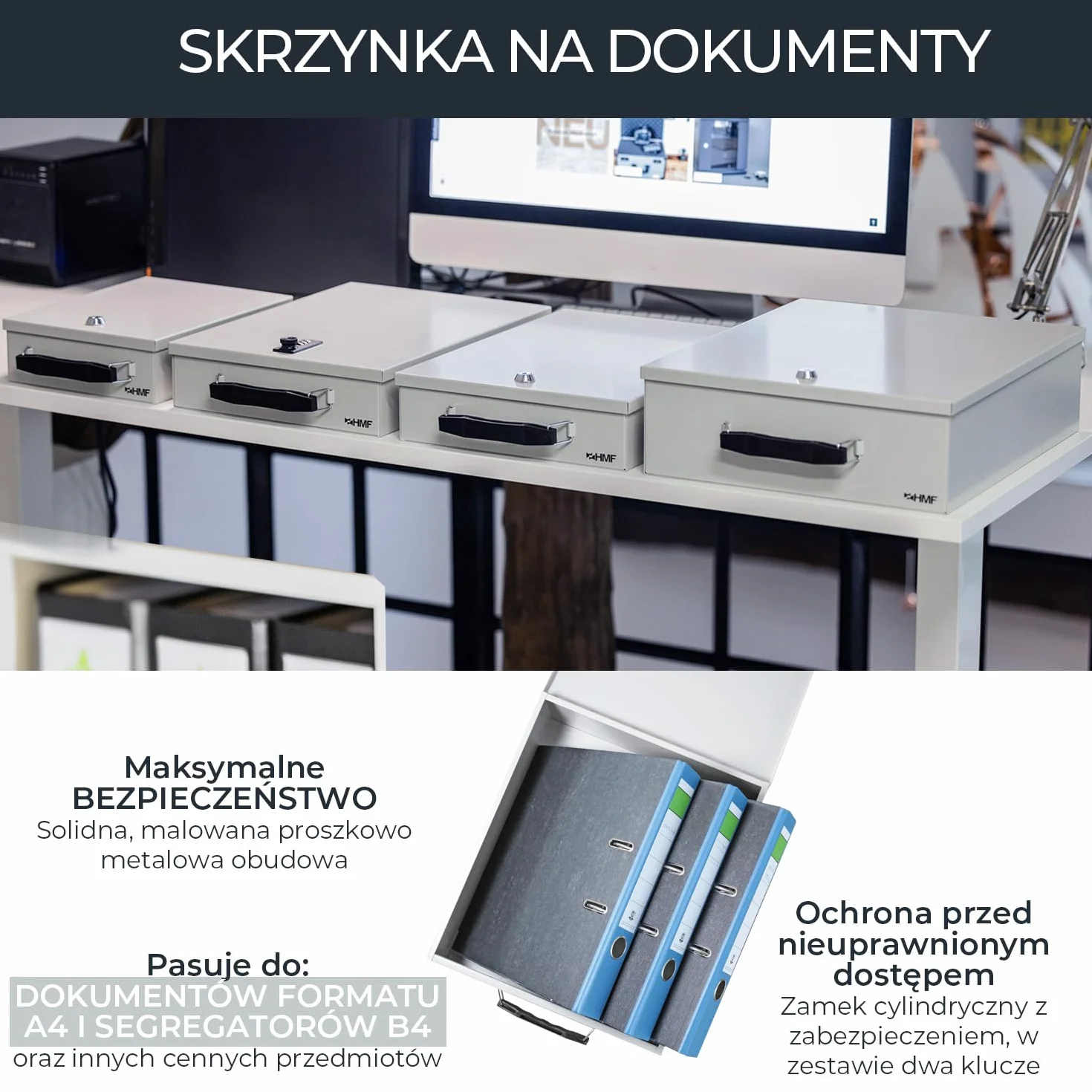 HMF 142-07 zamykana kaseta na dokumenty XL na segregatory, format A4 / B4, kolor jasnoszary