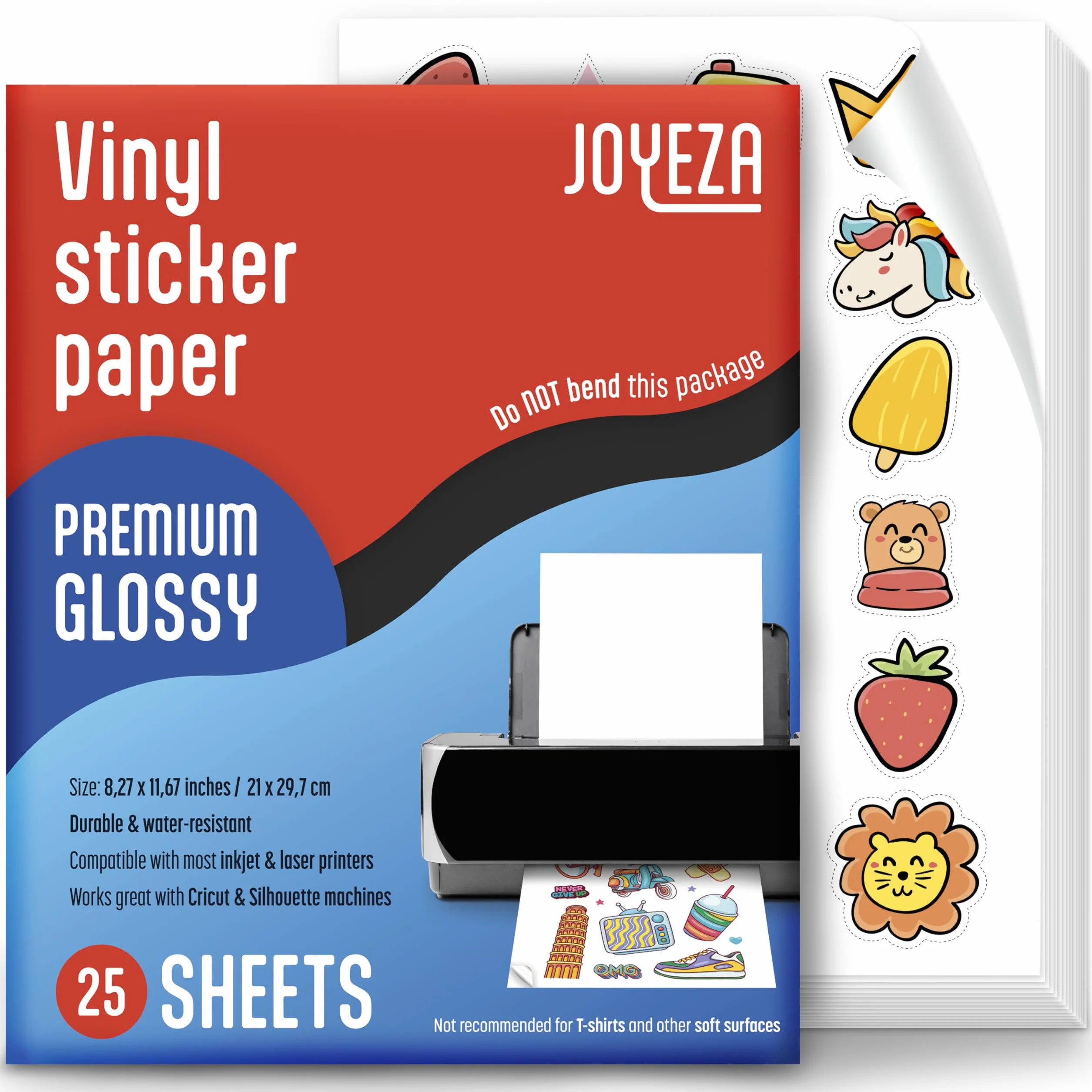 JOYEZA Papier winylowy do druku - 25 arkuszy - błyszczące wykończenie - wodoodporny, szybkoschnący, intensywne kolory - drukarki atramentowe i laserowe