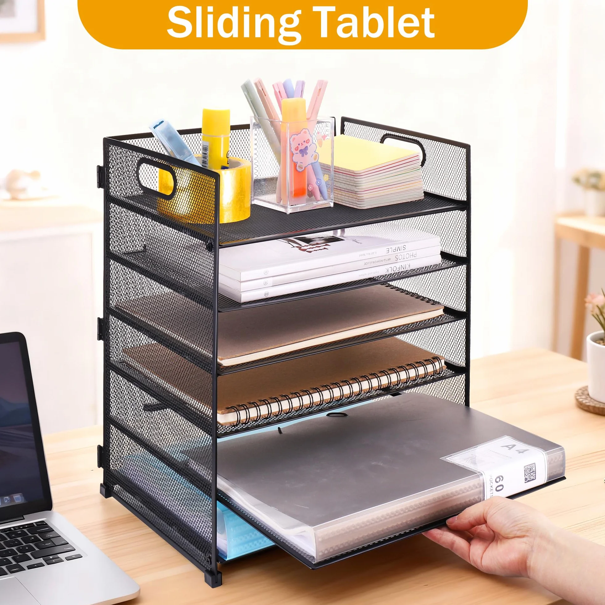 JIANTA Organizer na biurko z metalowymi szufladami, 6-piętrowa szuflada na listy i dokumenty A4, czarny organizer na biurko z metalowym uchwytem, organizer szufladowy 32x23x40cm, akcesoria biurowe na