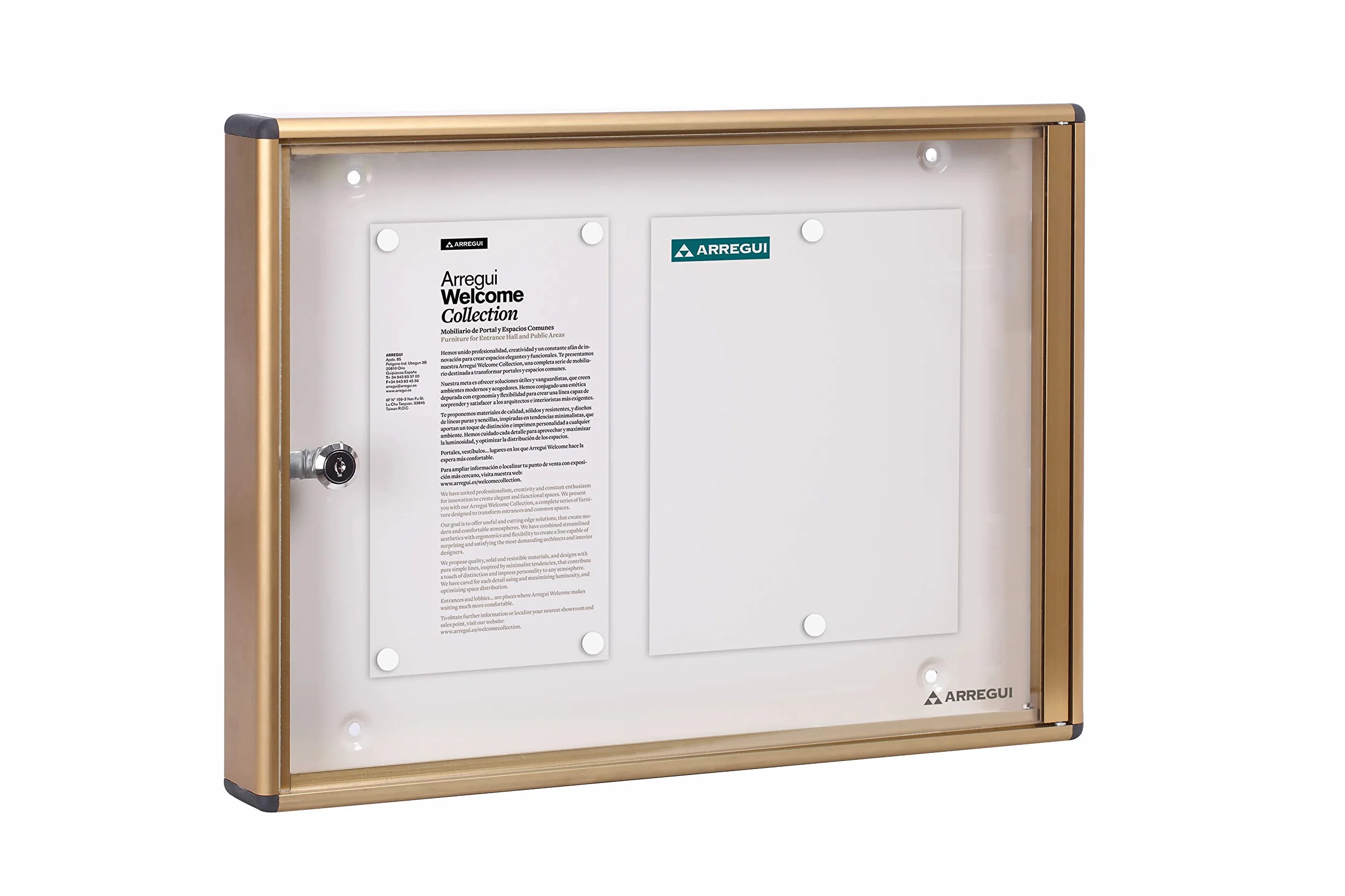 Arregui PAN-46 kasetka z aluminium i metaakrylanu, skrzynka na informacje, zamykana, wewnętrzna magnetyczna, 2 arkusze DIN A4, złoty, 35 x 48 x 5 cm
