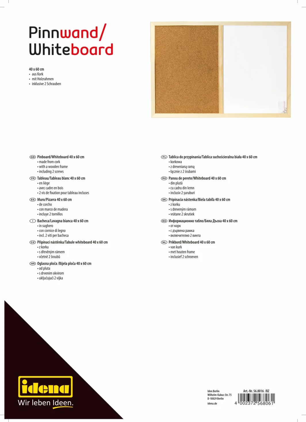 Idena 568016 - Tablica z pinezkami / biała tablica z drewnianą ramą, w zestawie 2 śruby, nadaje się do montażu na ścianie, ok 40 x 60 cm, odpowiednia jako dekoracja i do miejsca pracy