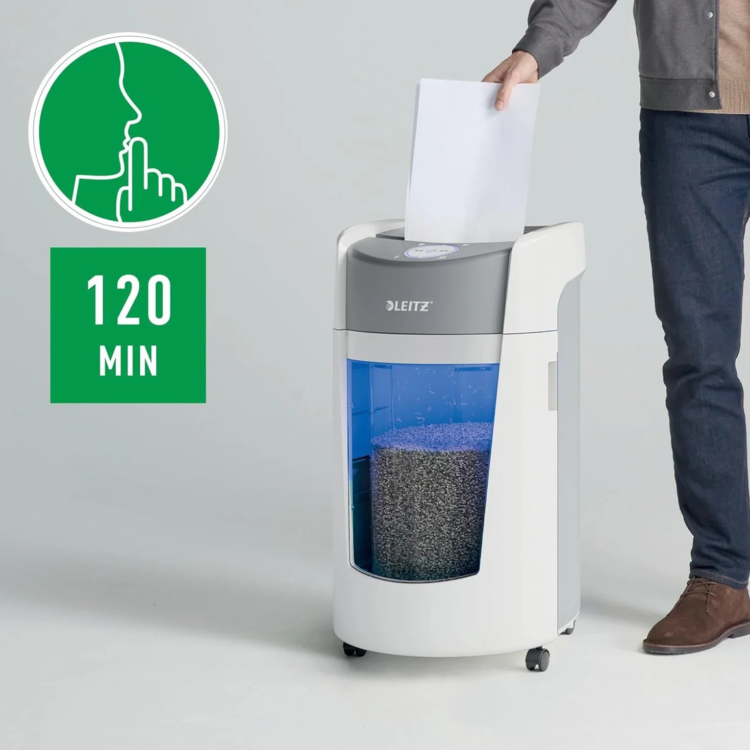 Leitz IQ OptiMax Office 550 Niszczarka P5 Mikrocięcie 35L 550 kartek A4 10-12 kartek 70-80 gsm 120 min