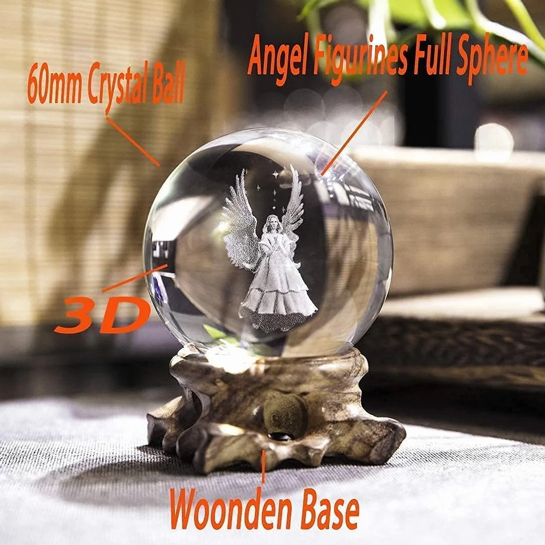 HDCRYSTALGIFTS figurki 3D, anioł, kryształowa kula, pełna kula, grawerowana laserowo, przycisk do papieru, dekoracja domu, rzemiosło artystyczne (przezroczysta)