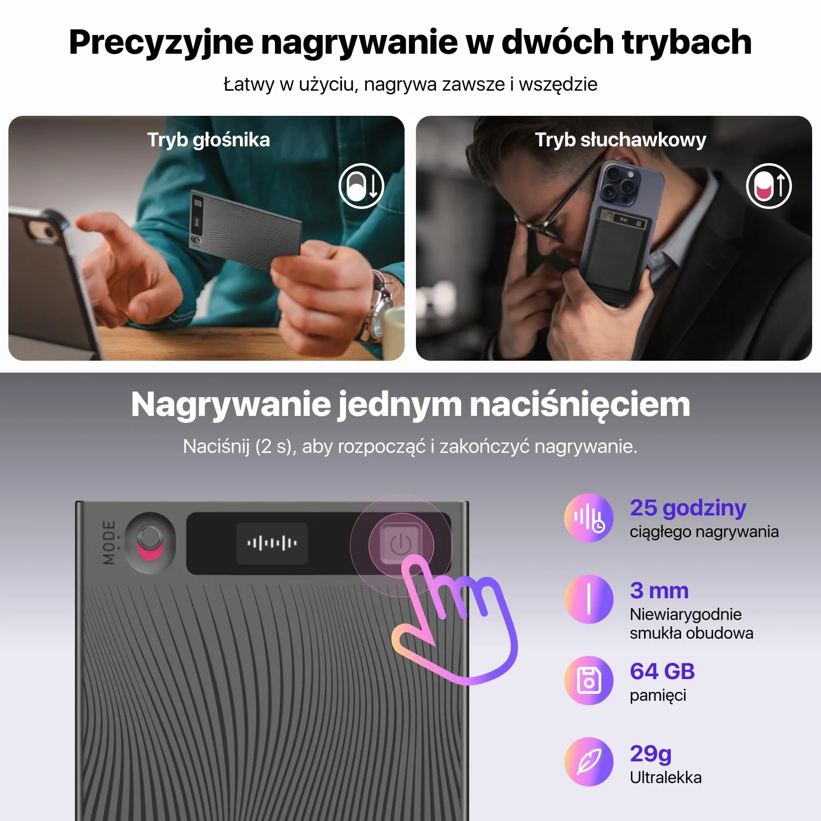 Mobvoi TicNote AI Dyktafon z pamięcią 64 GB i aplikacją Kontroluj ponad 100 języków z technologią AI Cyfrowy rejestrator dźwięku do rozmów telefonicznych Wykłady Spotkania Wywiady