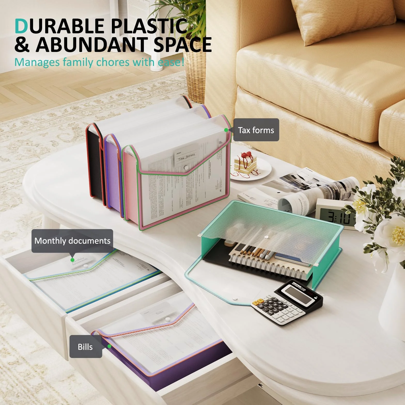 ThinkTex Plastikowa teczka na dokumenty A4, 5 szt., przezroczyste koperty z zapięciem na zatrzask, bez przegródek, duża pojemność, różne kolory, do szkoły, biura, domu (przezroczysta)