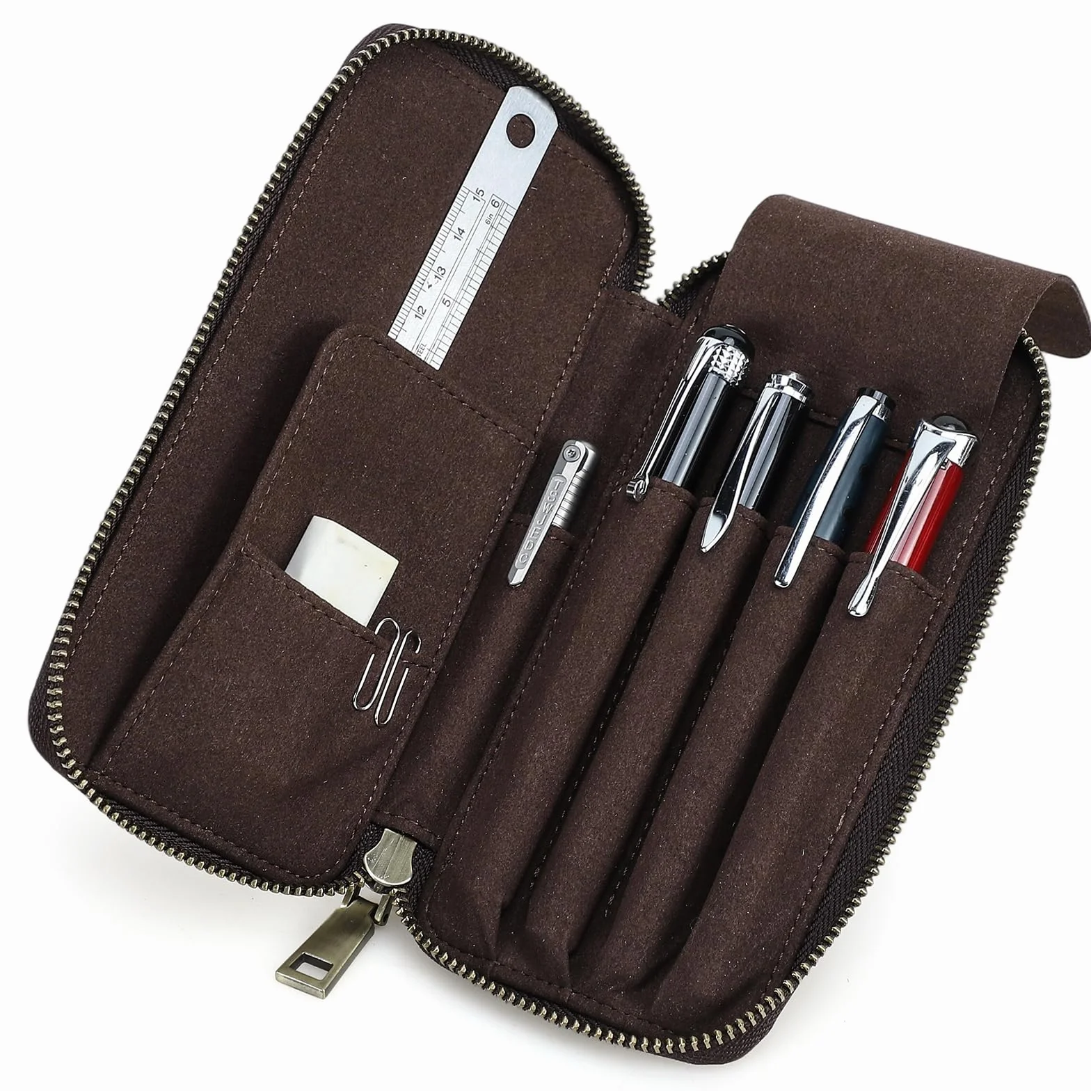 CONTACTS Skórzane etui na długopisy z 4 przegródkami, zapięcie na zamek błyskawiczny, organizer na ołówki, kieszenie, torba na artykuły pa dla mężczyzn/kobiet vintage etui na długopisy