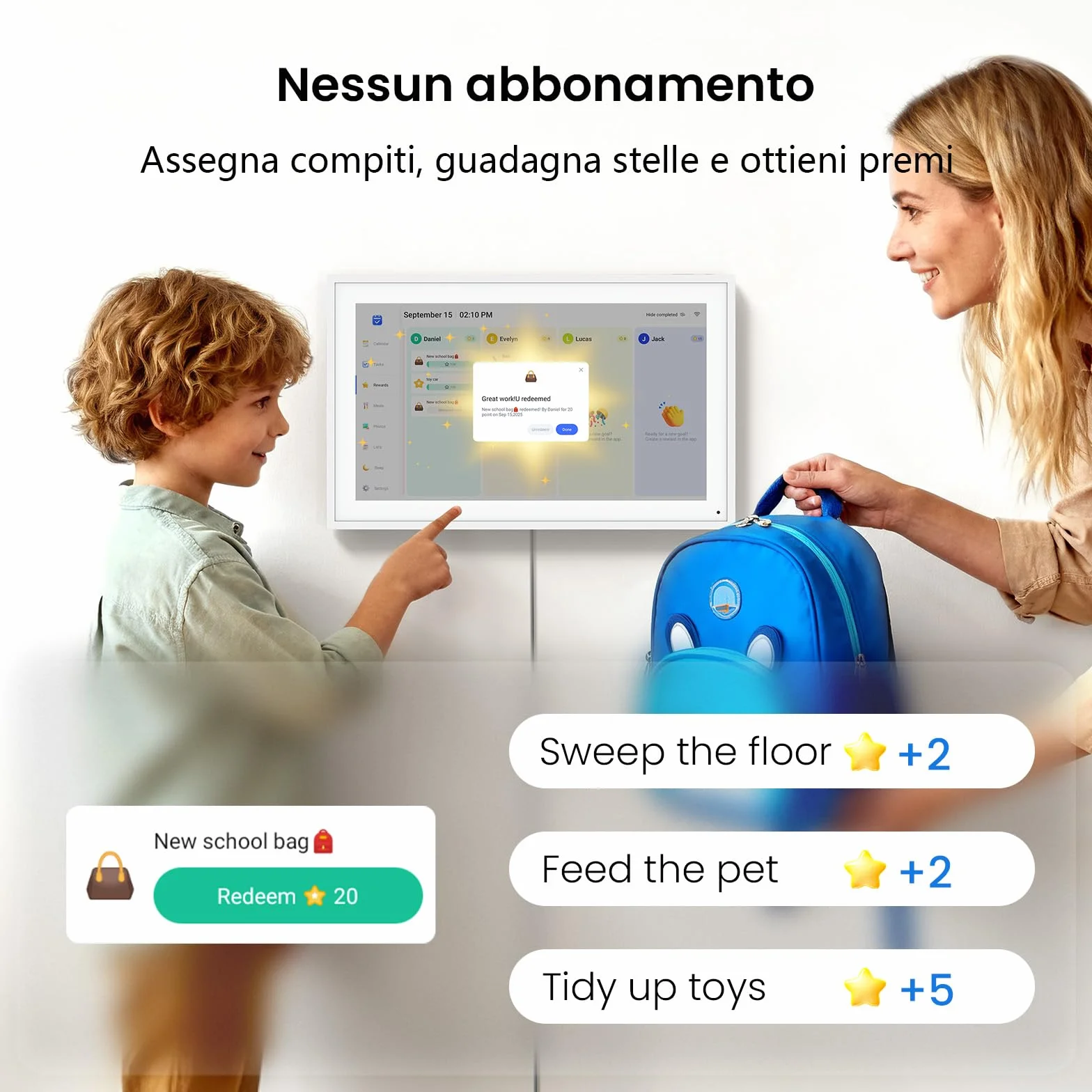 NEWYES Cyfrowy kalendarz 15,6" – WLAN planer rodzinny i cyfrowa ramka na zdjęcia na co dzień rodzinny, pamięć 32 GB, ekran dotykowy i aplikacja – organizacja rodzinna z kalendarzem Google/iCloud