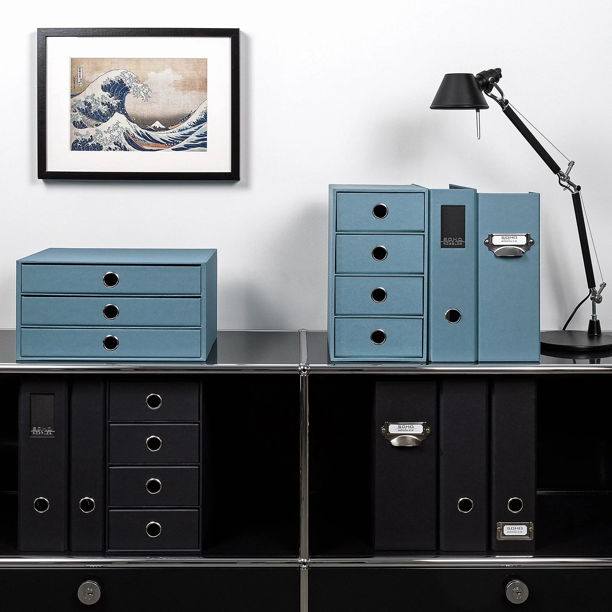 Rössler Papier 1524452153 - S.O.H.O. 3-szufladowe pudełko na DIN A4, z otworem na uchwyt, denim, 343 x 250 x 185 mm, 1 szt.