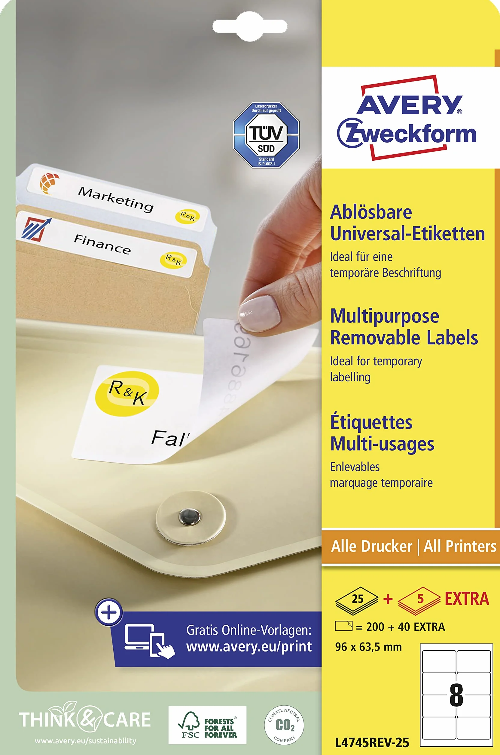 AVERY Zweckform L4745REV-25 uniwersalne etykiety (200 plus 40 dodatkowych etykiet samoprzylepnych, 96 x 63,5 mm na A4, możliwość zdjęcia bez pozostawiania śladów, możliwość zadrukowania, samoprzylepne naklejki) 30 arkuszy, białe