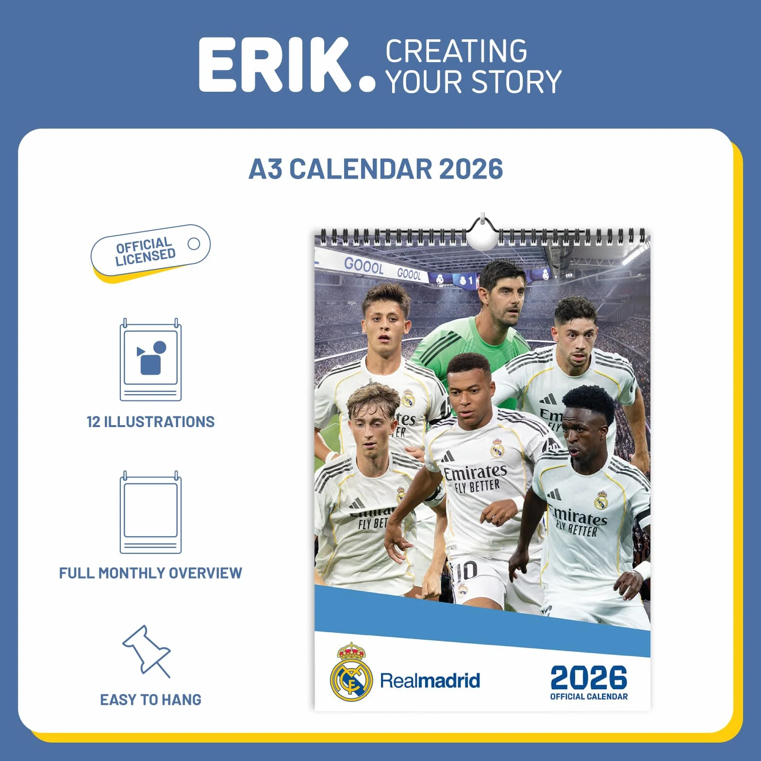 Grupo Erik A3 Wall Calendar 2026 - Real Madrid Calendar 2026 Month To View | A3 Wall Planner, Family Planner Monthly | Real Madrid Gifts Under 10 Pounds, Football Gifts For Friends