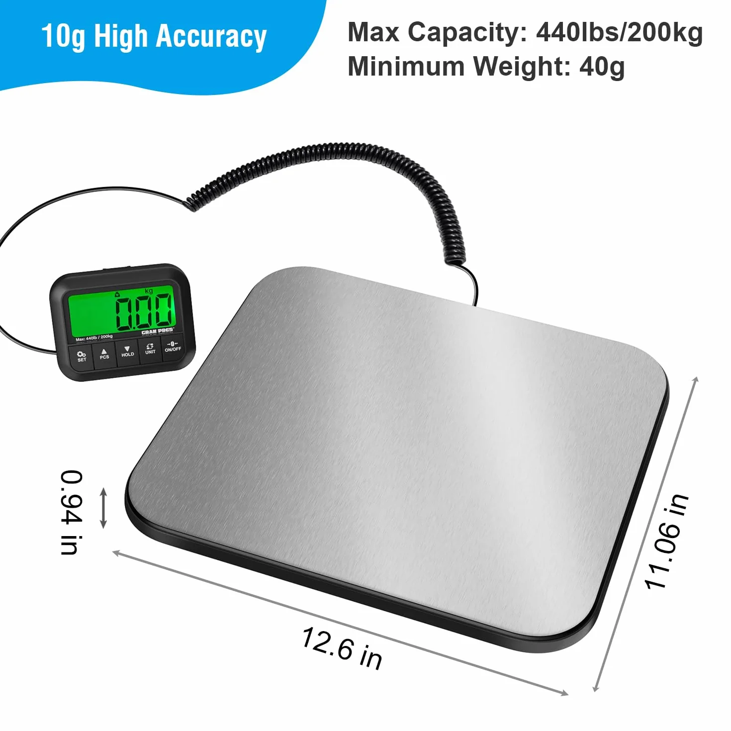 GRAM PRES Waga pocztowa cyfrowa 440 lbs/10 g LCD z uchwytem