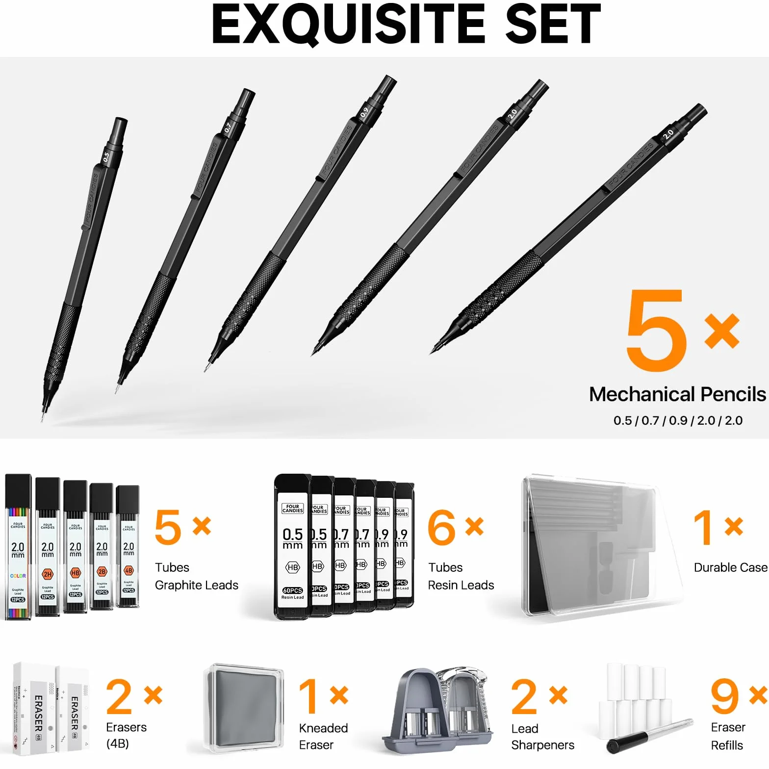 Four Candies Zestaw metalowych ołówków mechanicznych 0,5 0,7 0,9 mm 2 mm z 420 wkładami 4B 2B HB 2H czarny