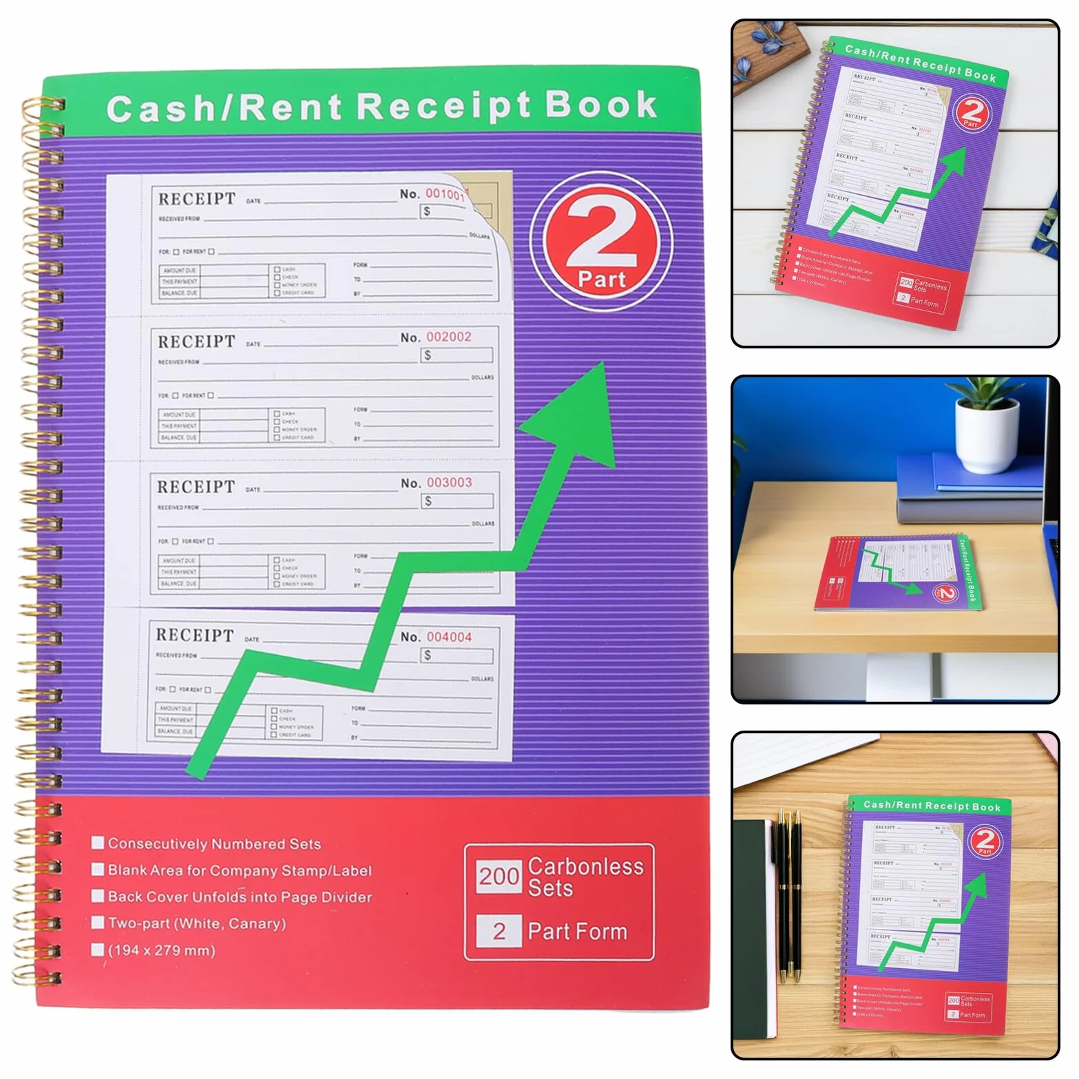 200 Zestawów Professional Two-part Cash Rent Receipt Book for Small Business Portable Invoice Receipt Organizer for Order Management And Expense Tracking