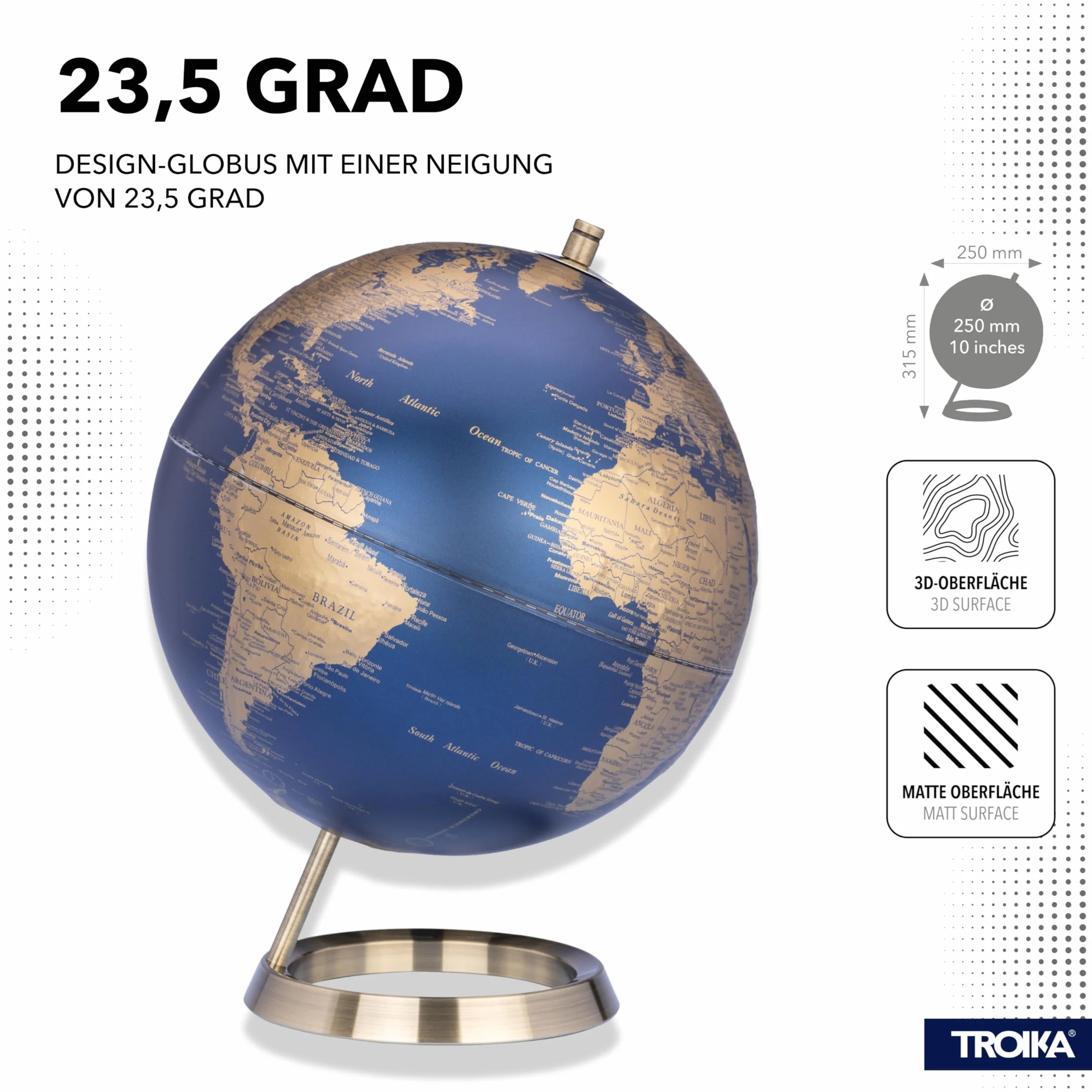 TROIKA Globus 23,5° Matowy Ø 25 cm, Prawdziwe Płaskorzeźby, Chromowana Podstawa