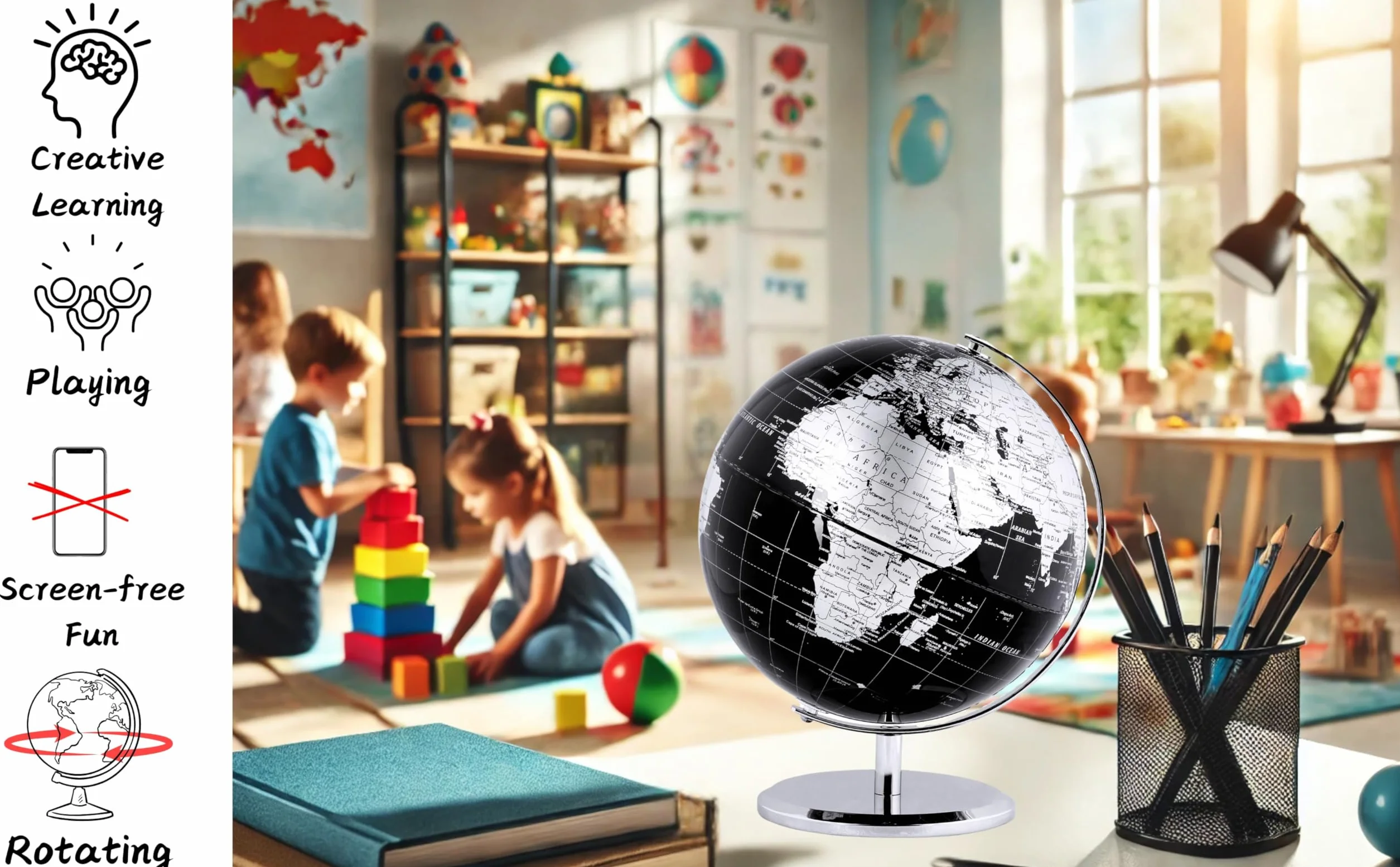 Globus światowy 25 cm z metalową podstawą - edukacyjny geograficzny globus Ziemi, metaliczny czarny