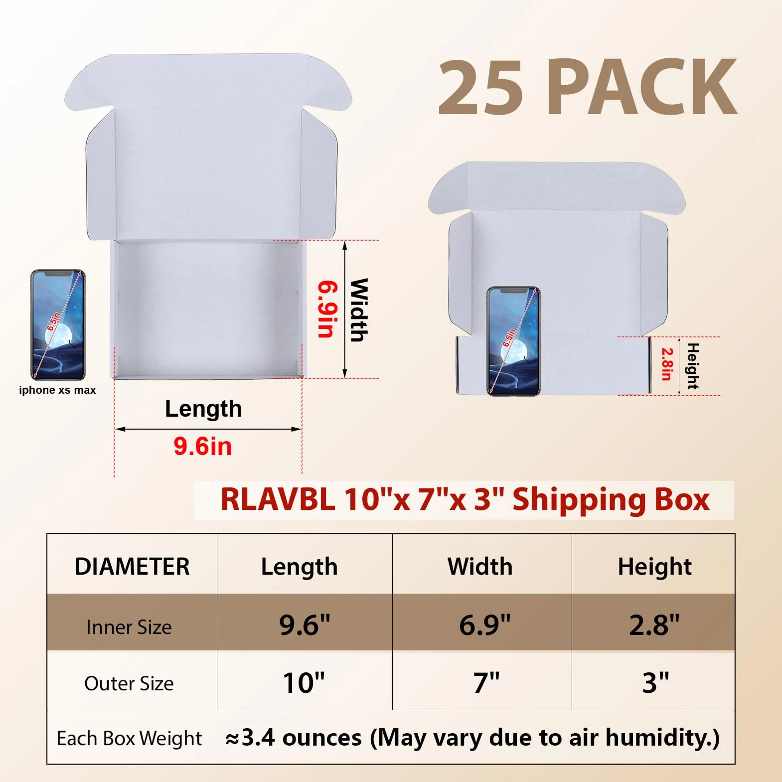 RLAVBL 25 sztuk dwustronnych białych kartonów wysyłkowych, wymiary: 25,4 x 17,8 x 7,7 cm, łatwy montaż, idealne dla małych firm
