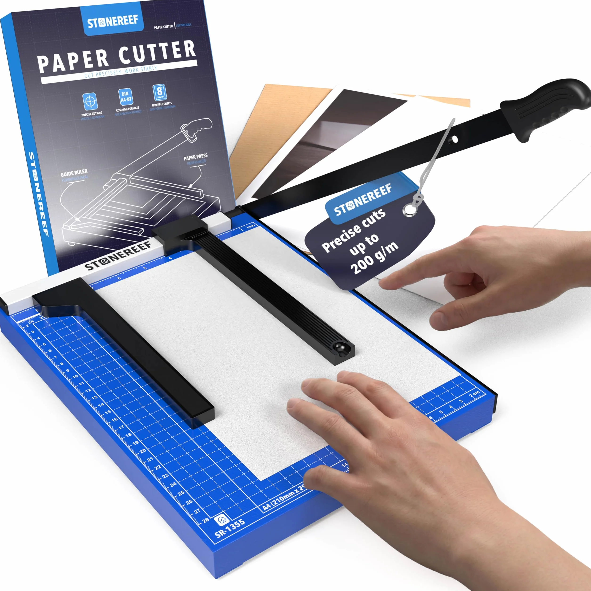 Obcinarka do papieru A4, kompaktowa – krajalnica do papieru z metalu z akcesoriami magnetycznymi – tnie papier, zdjęcia i karton do 200 g/m² – nóż dźwigniowy do biura, szkoły i majsterkowania