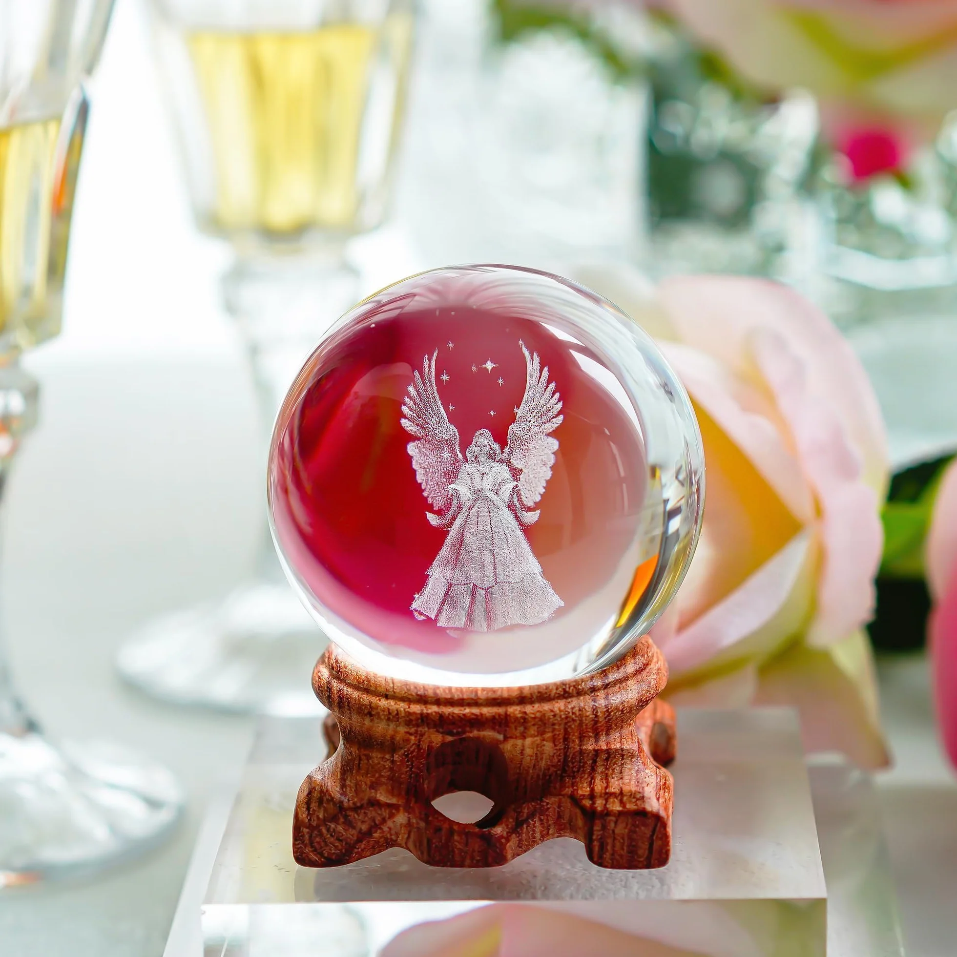 HDCRYSTALGIFTS figurki 3D, anioł, kryształowa kula, pełna kula, grawerowana laserowo, przycisk do papieru, dekoracja domu, rzemiosło artystyczne (przezroczysta)
