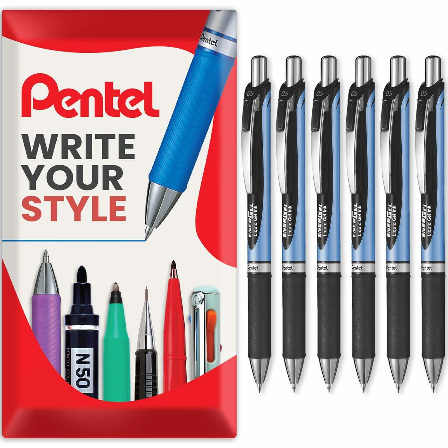 Pentel Energel BLN75 Chowany długopis kulkowy z atramentem żelowym, 0,5 mm, 54% z recyklingu, czarny, 6 szt