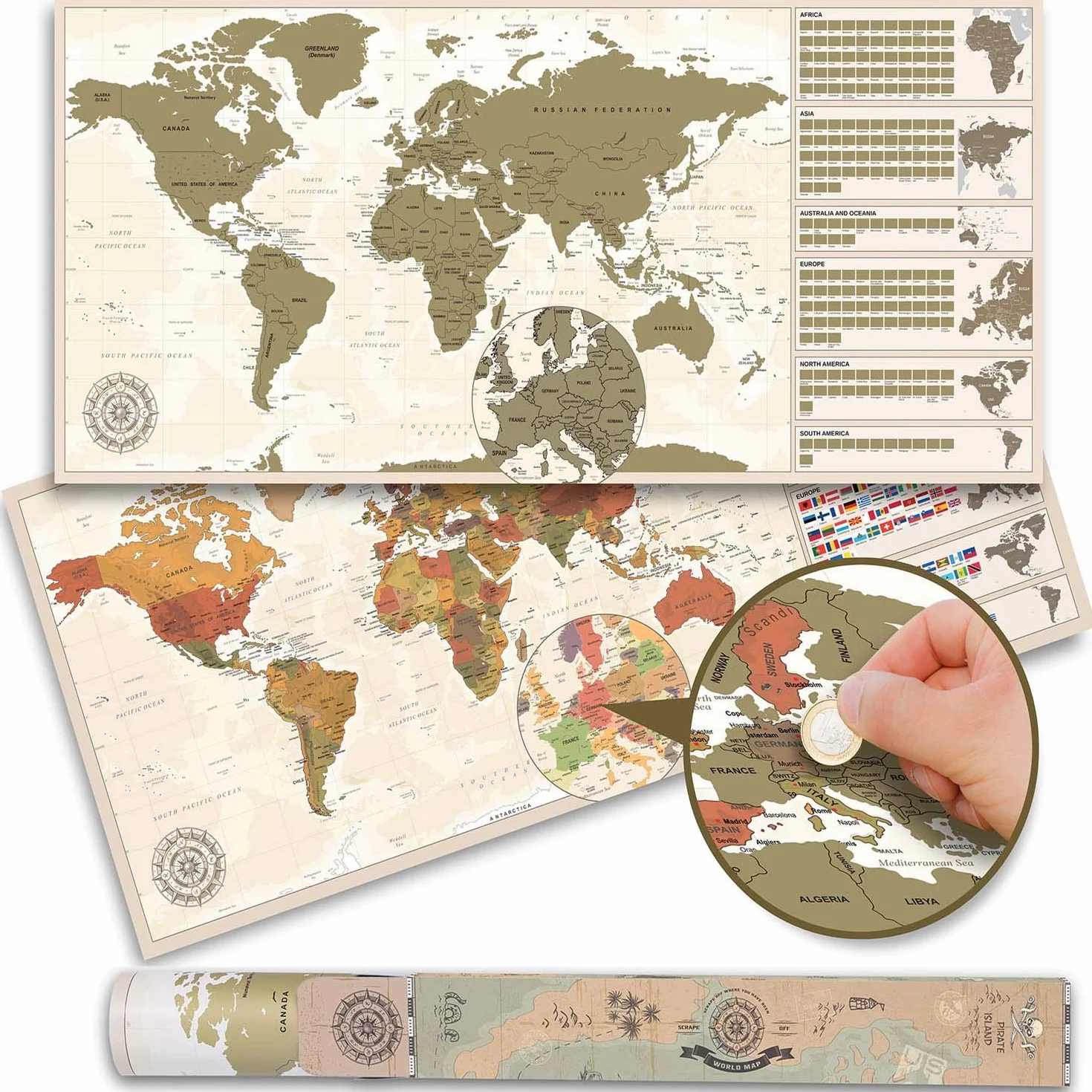 GOODS+GADGETS Scrape Off World Map Vintage – mapa świata XXL do zdrapywania, 100 x 45 cm, mapa świata Deluxe obraz ścienny