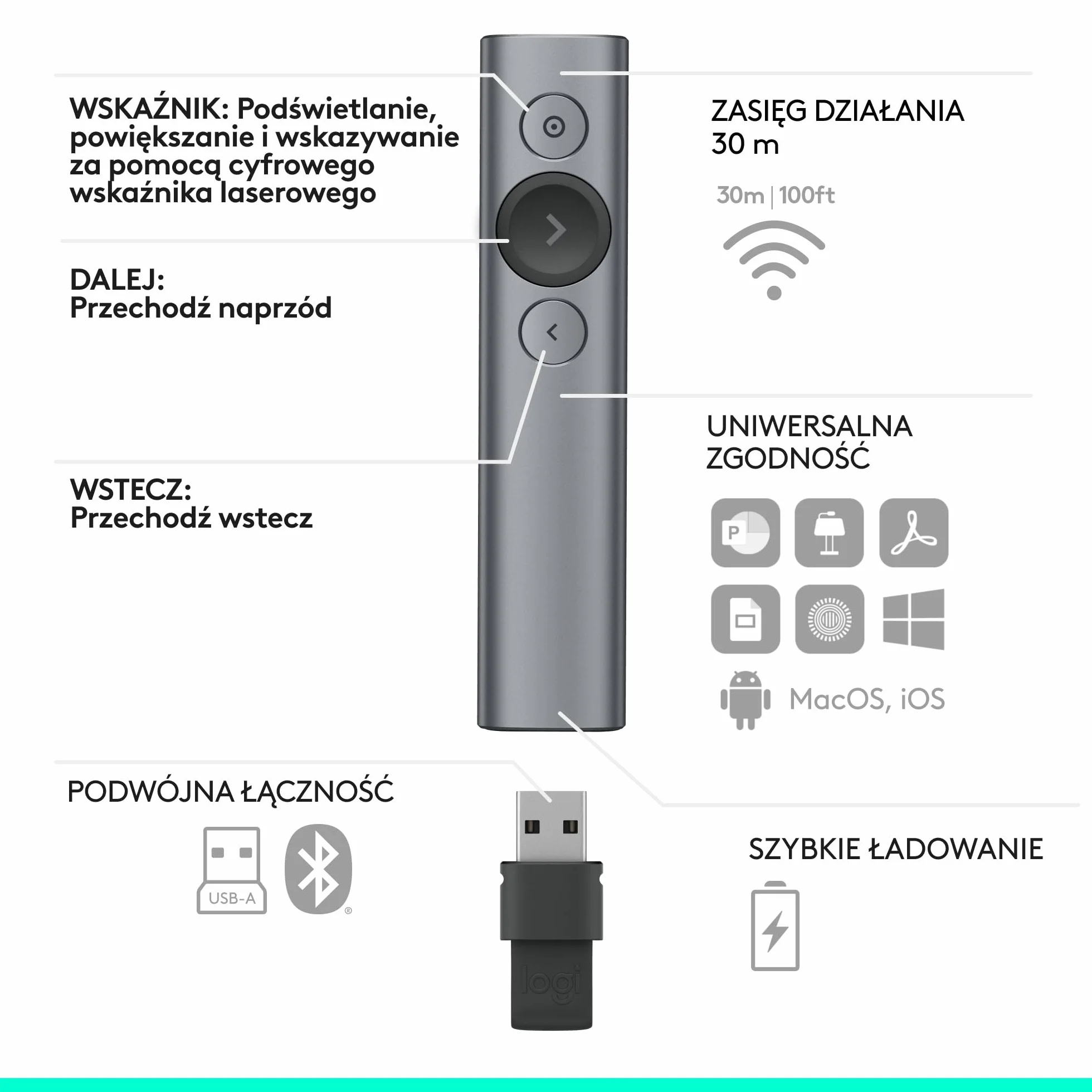 Logitech Spotlight™ Presentation Remote, Z zaawansowanym cyfrowym wskaźnikiem i zegarem z alertami wibracyjnymi, PC/Mac - Szary
