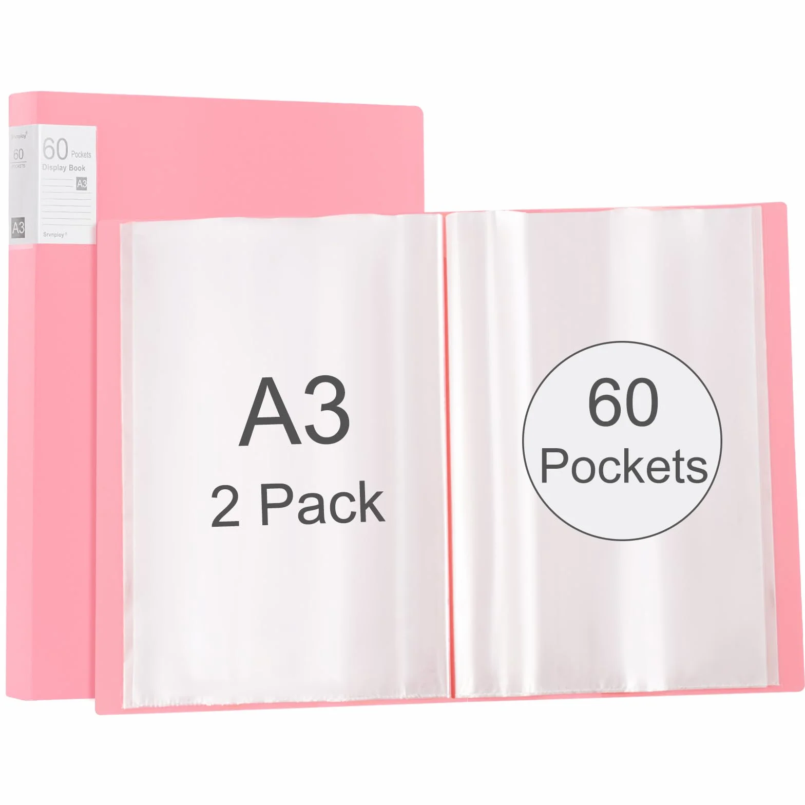 2 sztuki A3 albumu prezentacyjnego, album w formacie A3, z 60 przezroczystymi pokrowcami na 120 arkuszy, do dzieł sztuki, dokumentów, portfolio, kolor różowy