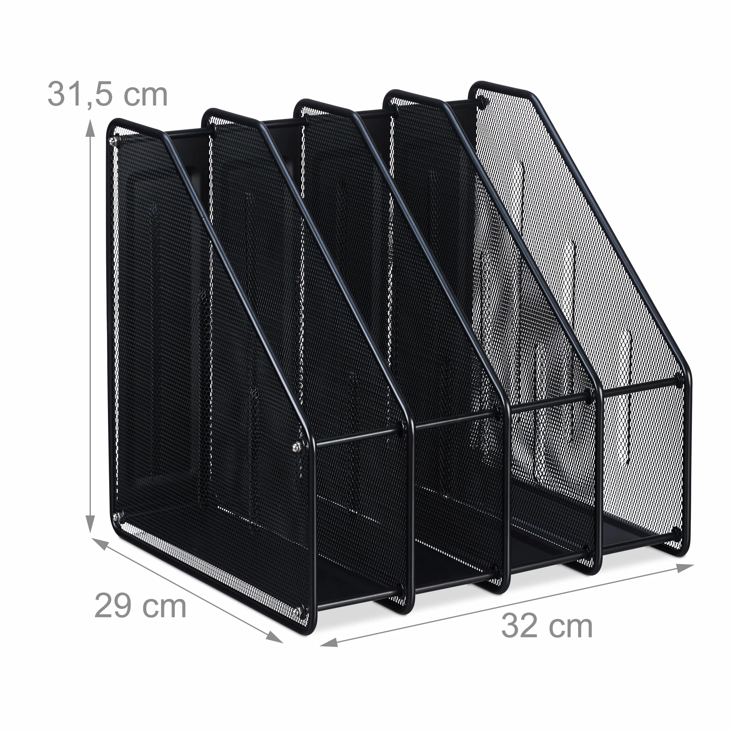 Relaxdays Organizer stojący, format A4, 4 przegródki, siatka, wys. x gł.: 31,5 x 32 x 29 cm, biuro i biuro domowe, segregator stojący, metal, czarny
