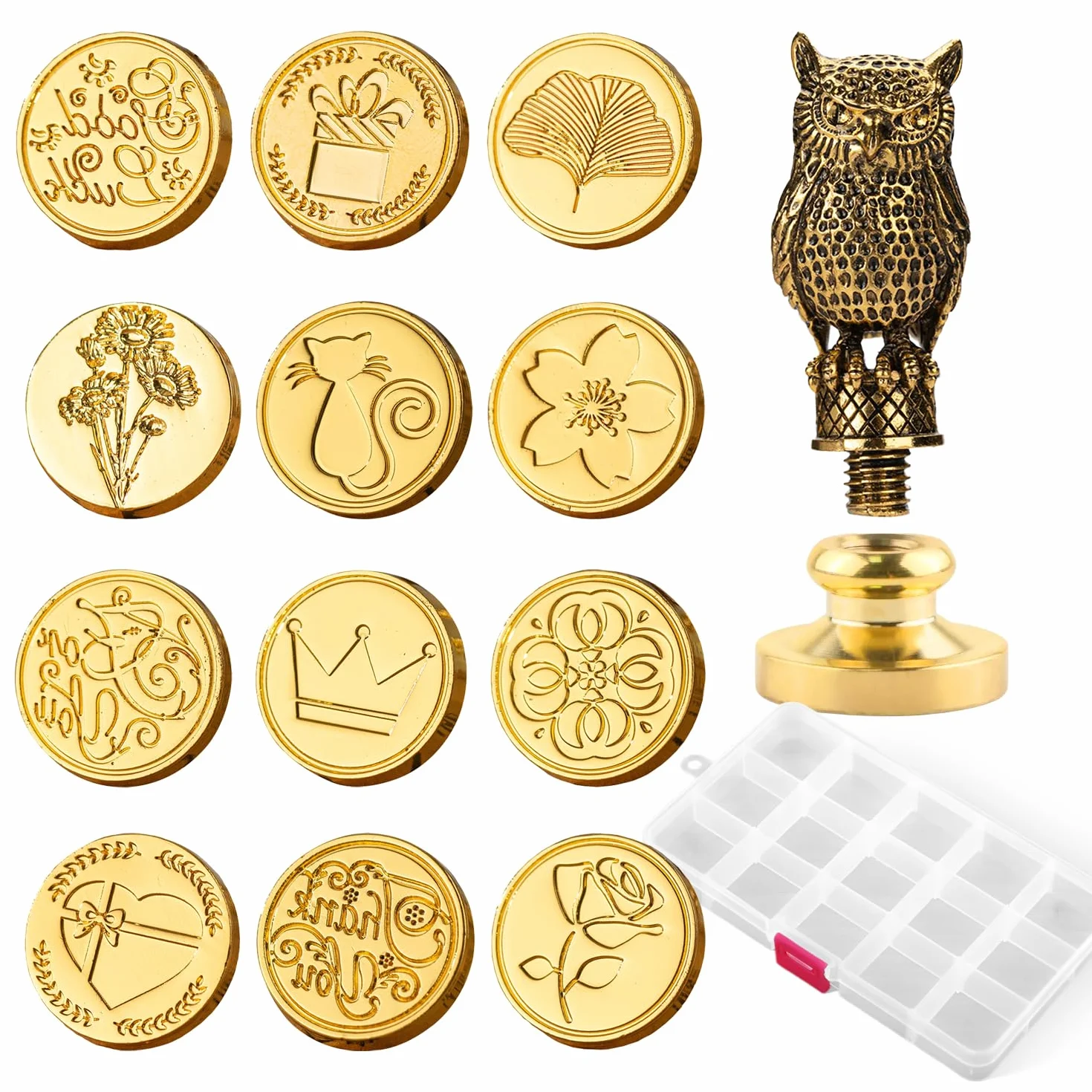 12 sztuk pieczątek woskowych, pogrubiony stempel do pieczętowania, spersonalizowany zestaw pieczątek woskowych ze zdejmowanym uchwytem w kształcie sowy i pudełkiem do przechowywania, odpowiedni do