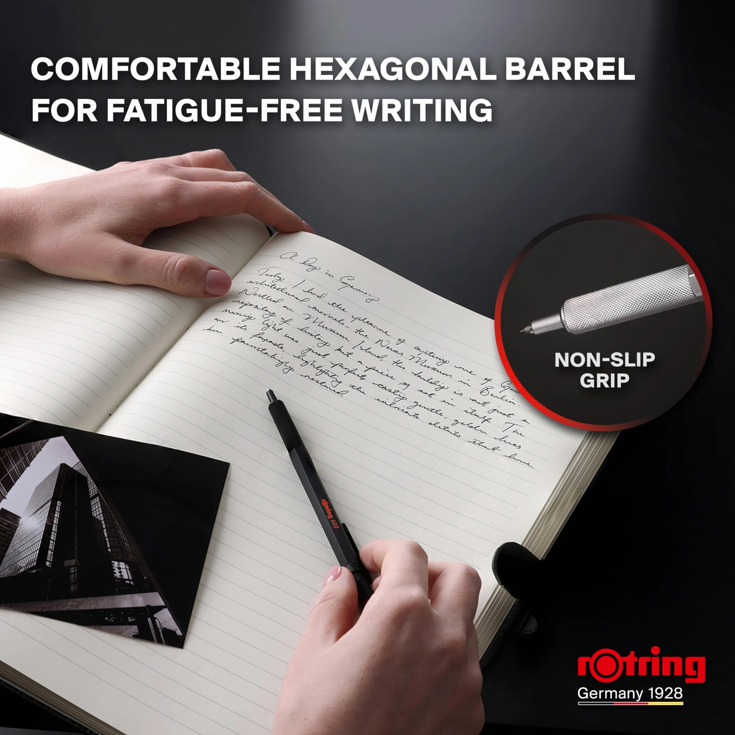 rOtring 600 Długopis żelowy | 0,55 mm | Czarny tusz | Srebrna metalowa obudowa | Antypoślizgowy uchwyt radełkowany i sześciokątny korpus | Z wymiennym wkładem