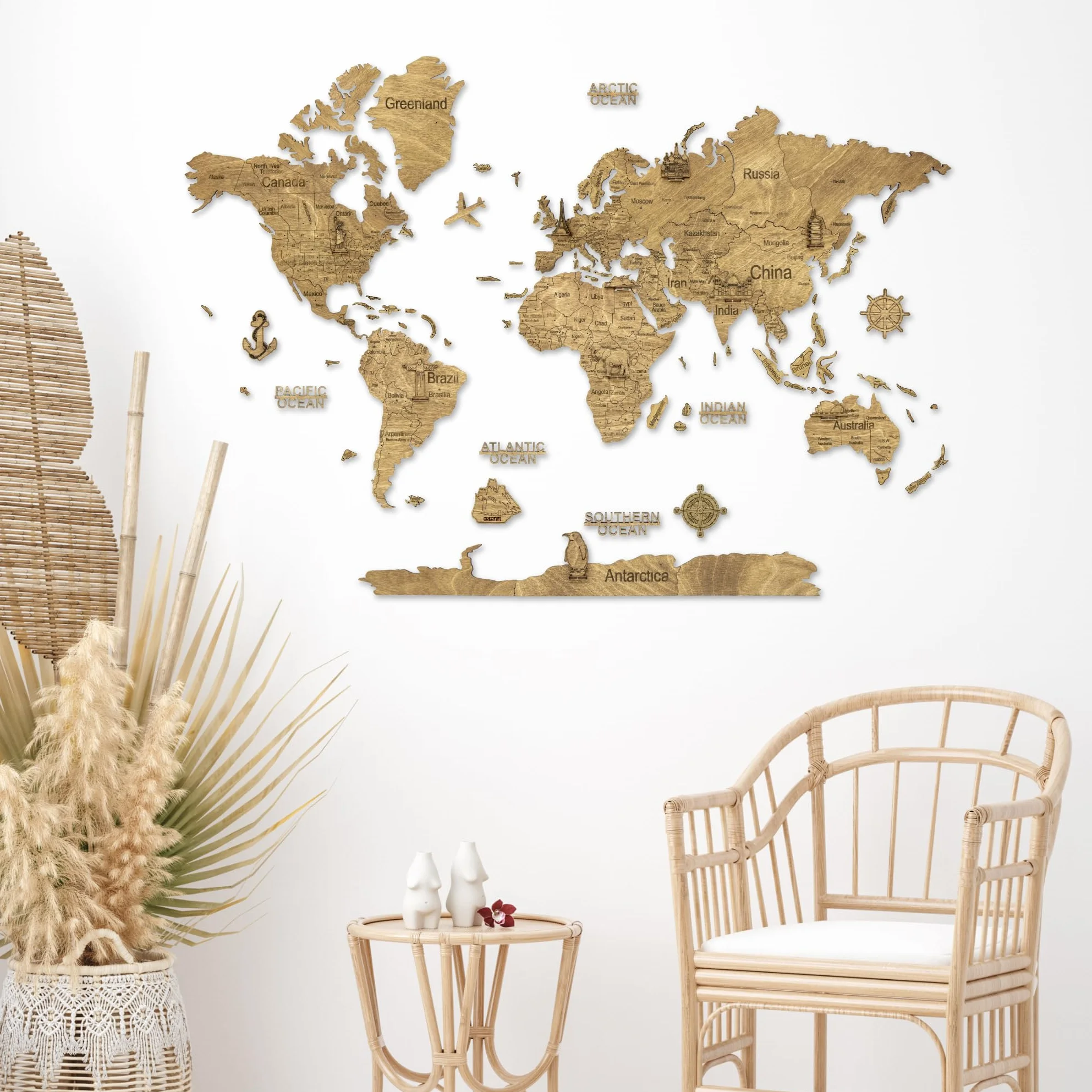 Creatifwood Drewniana mapa świata 2D, dekoracja ścienna, mapa świata z drewna, do salonu, biura lub sypialni (ciemne, S: 80 x 55 cm)