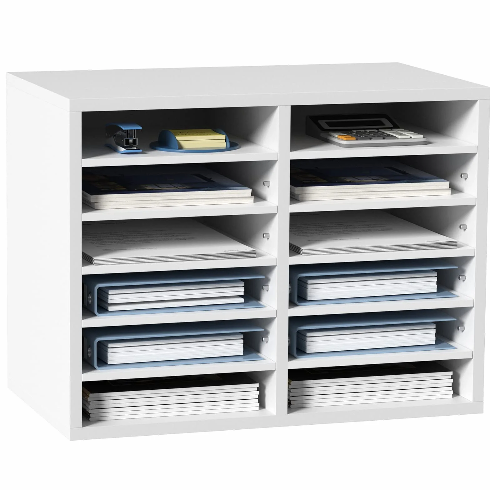 VEVOR Drewniany Organizator Literatury Płyta wiórowa Półka do przechowywania dokumentów 12 przegródek 52x30,5x41 cm Klasyfikator literatury z regulowanymi półkami biurowymi, Biały