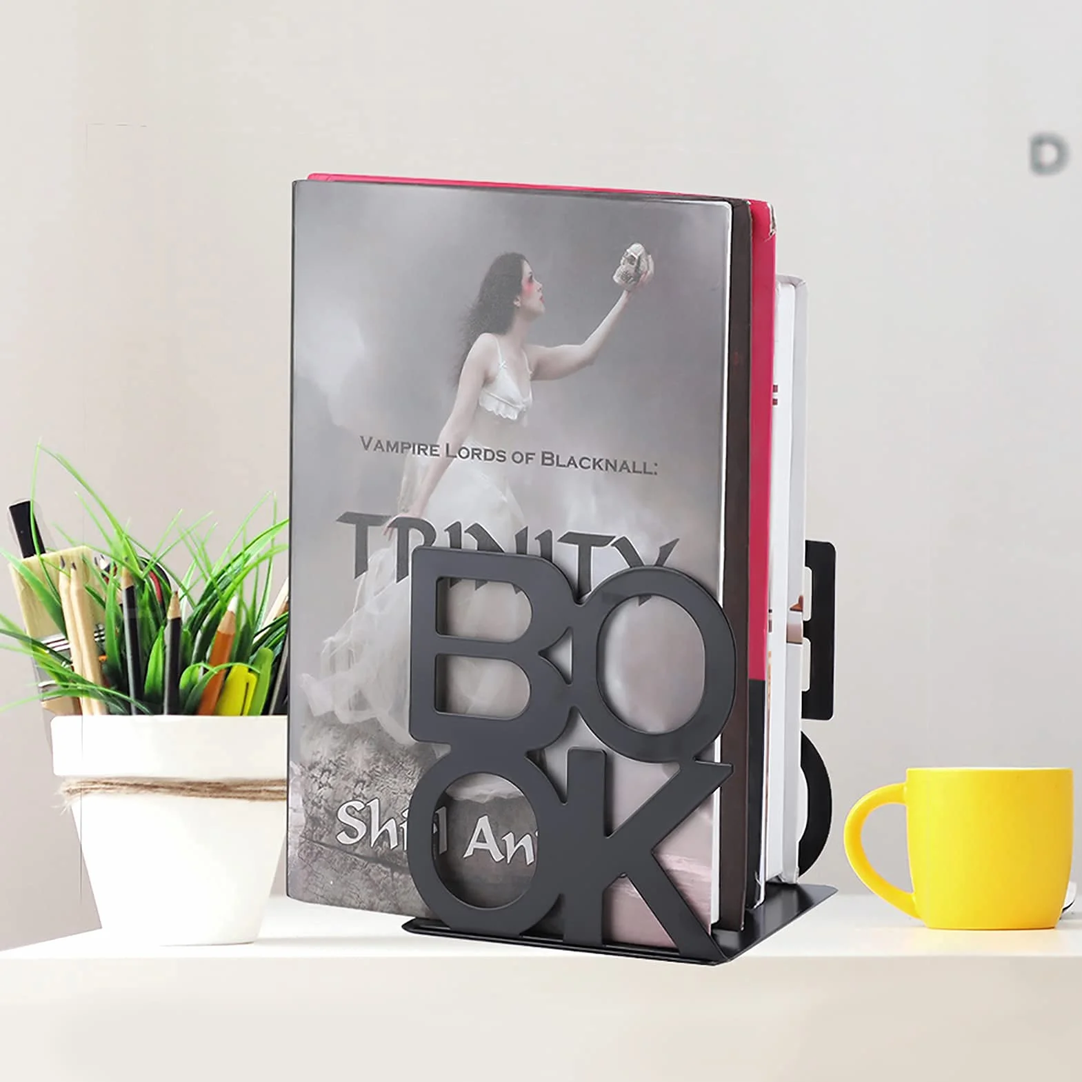 1 para Znaków Książki Kształt Książka Kończy się Szałwia Zielona Bookends Stojak na Książki Metalowe Bookends do Szkoły Wystrój Stołu Domowego (Czarna para 140 mm)