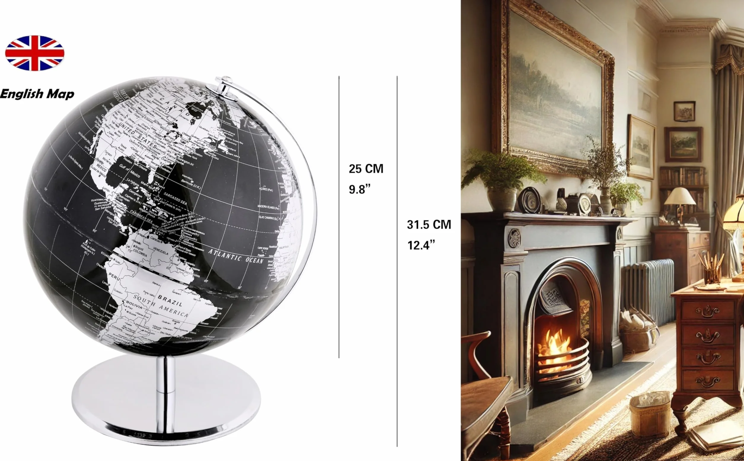 Globus światowy 25 cm z metalową podstawą - edukacyjny geograficzny globus Ziemi, metaliczny czarny