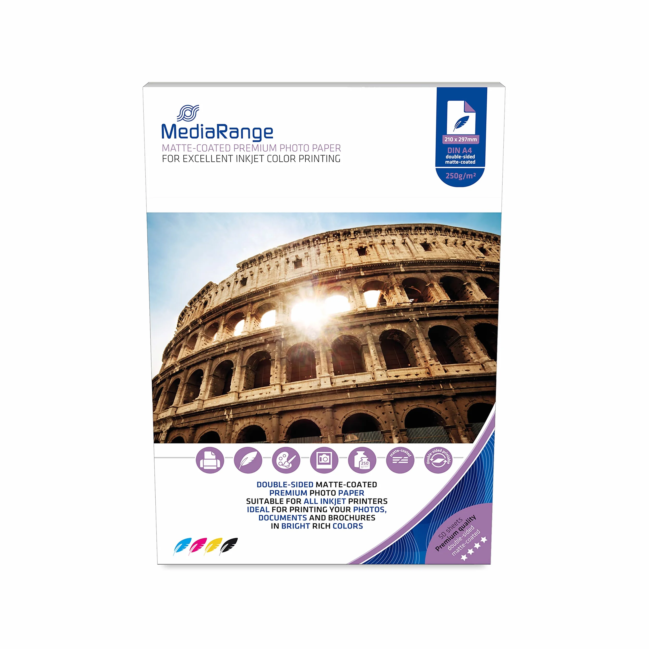 MediaRange Papier fotograficzny DIN A4 do drukarek atramentowych, dwustronnie matowy, 250 g, 50 arkuszy