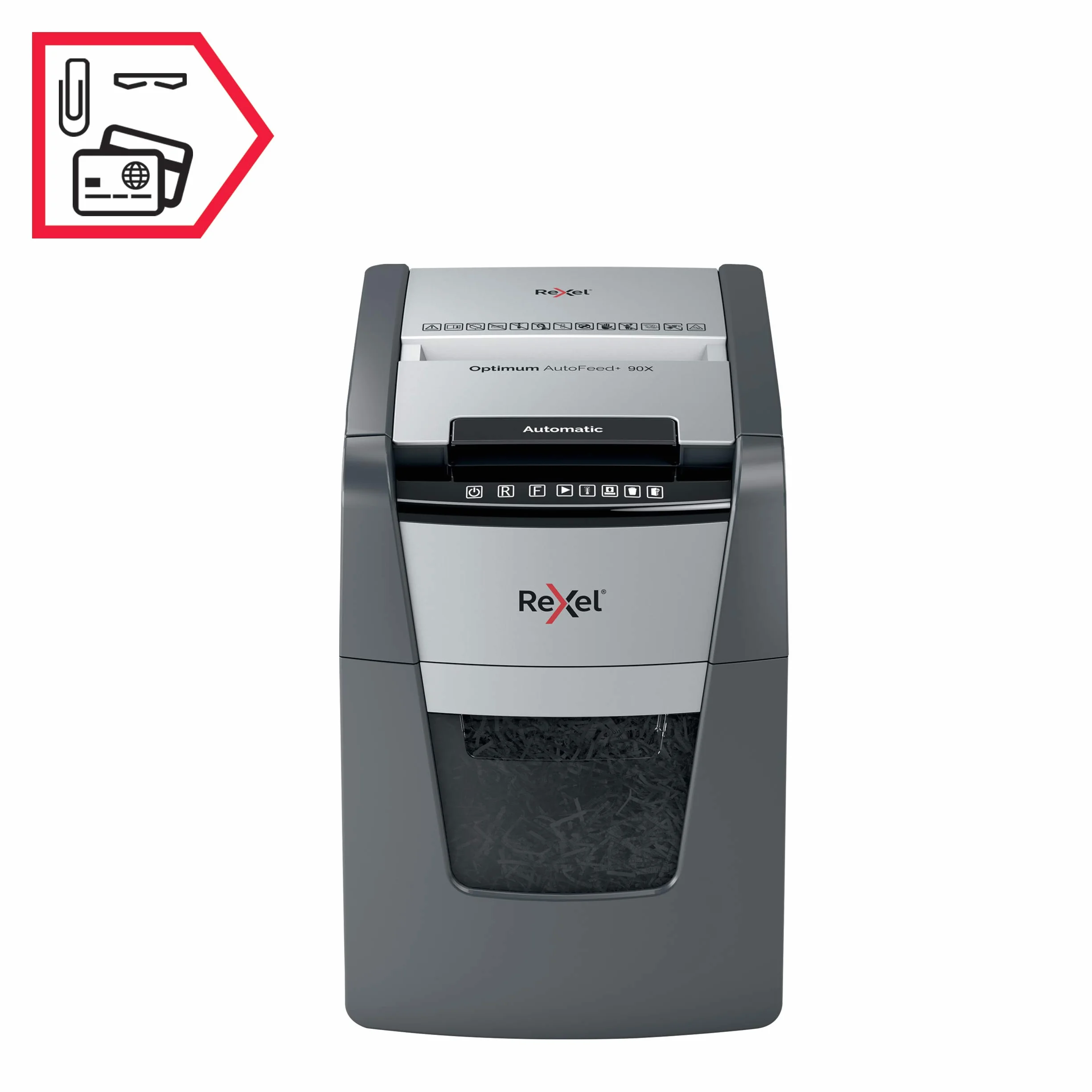 Rexel Optimum Auto Feed+ Automatyczna Niszczarka do Papieru, 90 Arkuszy, Bezpieczeństwo P-4, Tnie na Konfetti, do Domowego Biura, Pojemność 34 L, 2020090X