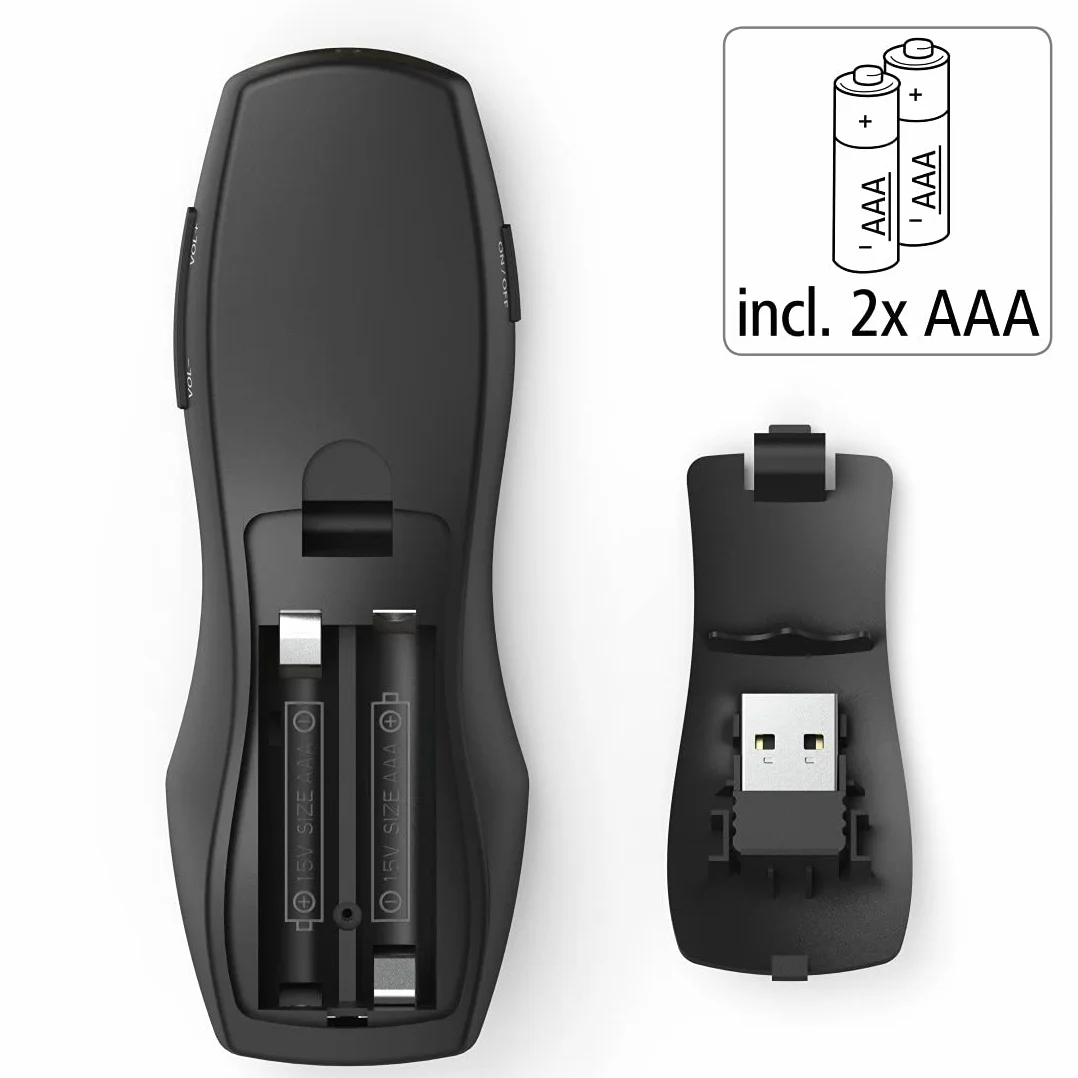 Hama Bezprzewodowy wskaźnik laserowy, czerwony wskaźnik laserowy, mysz powietrzna, rysik cyfrowy (pilot zdalnego sterowania, prezentacja PowerPoint, zasięg 15 m, 2,4 GHz z regulacją głośności, pełny ekran, czarny ekran, w zestawie baterie)