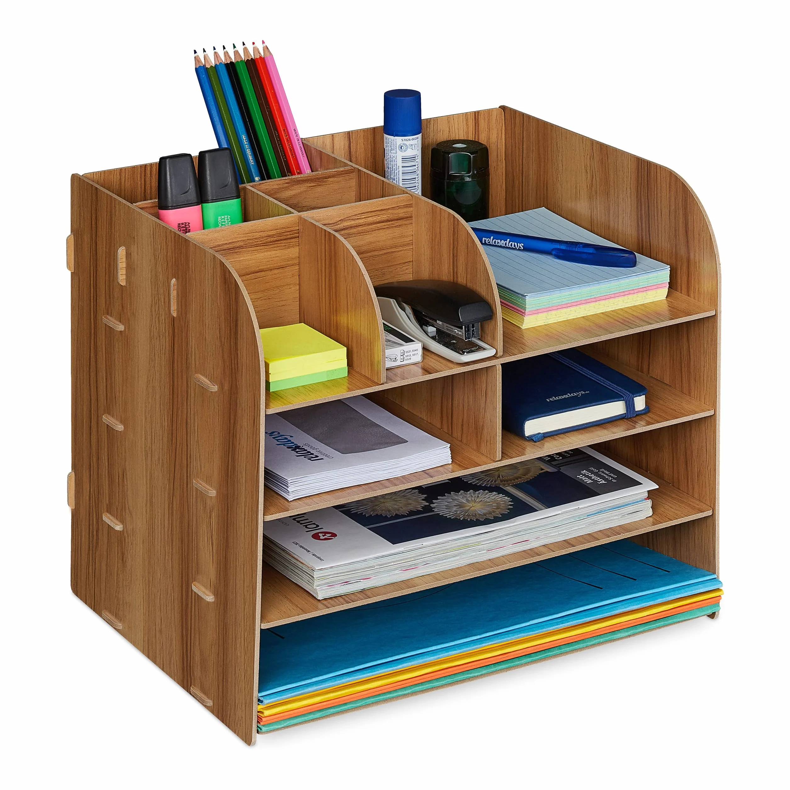 Relaxdays Organizer na biurko z półką na dokumenty, 10 przegródek, 27,5 x 32,5 x 25 cm, ciemnobrązowy