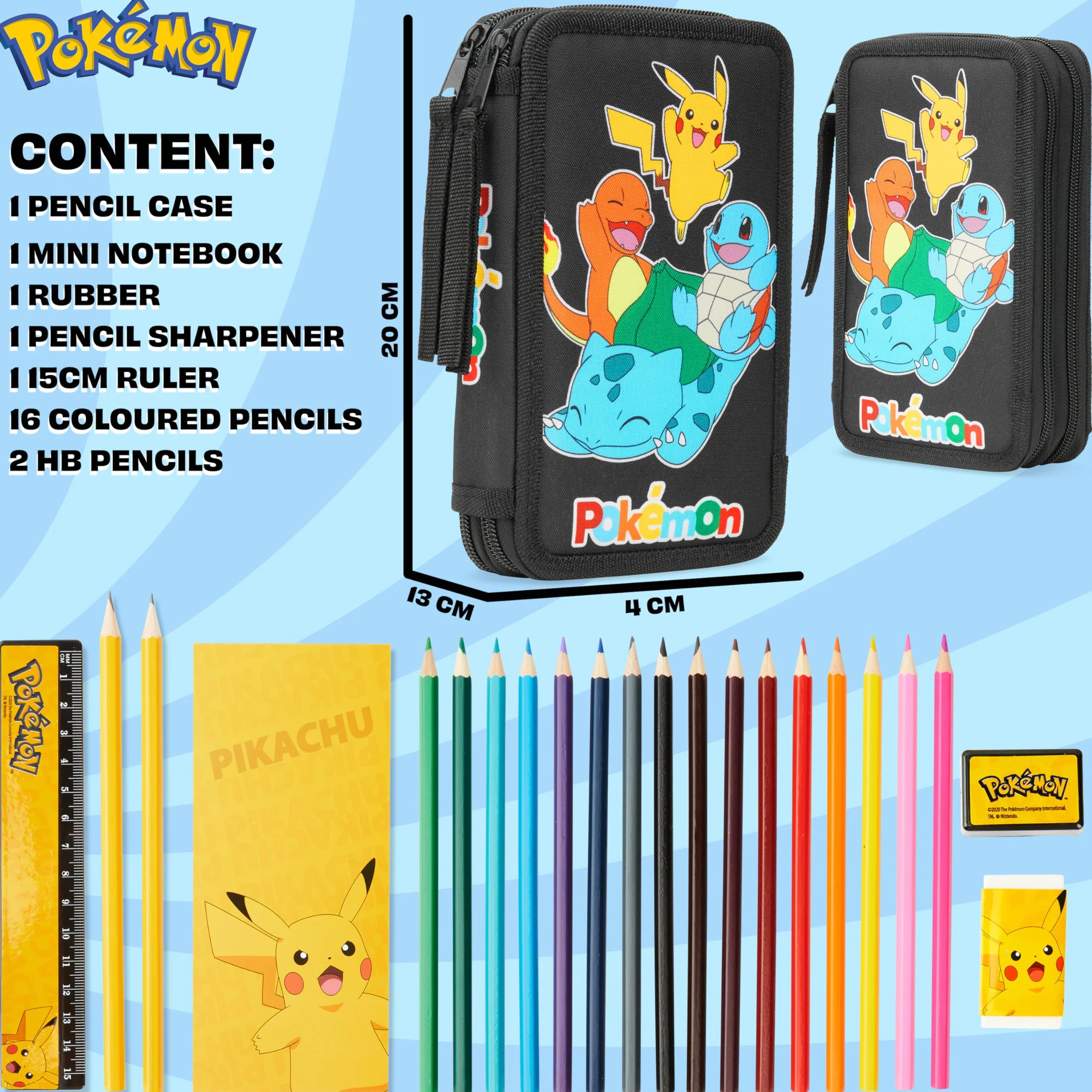 Pokemon piórnik duży, wypełniony piórnik dla chłopców, z zestawem przyborów pikachu, prezent dla dzieci, jeden rozmiar