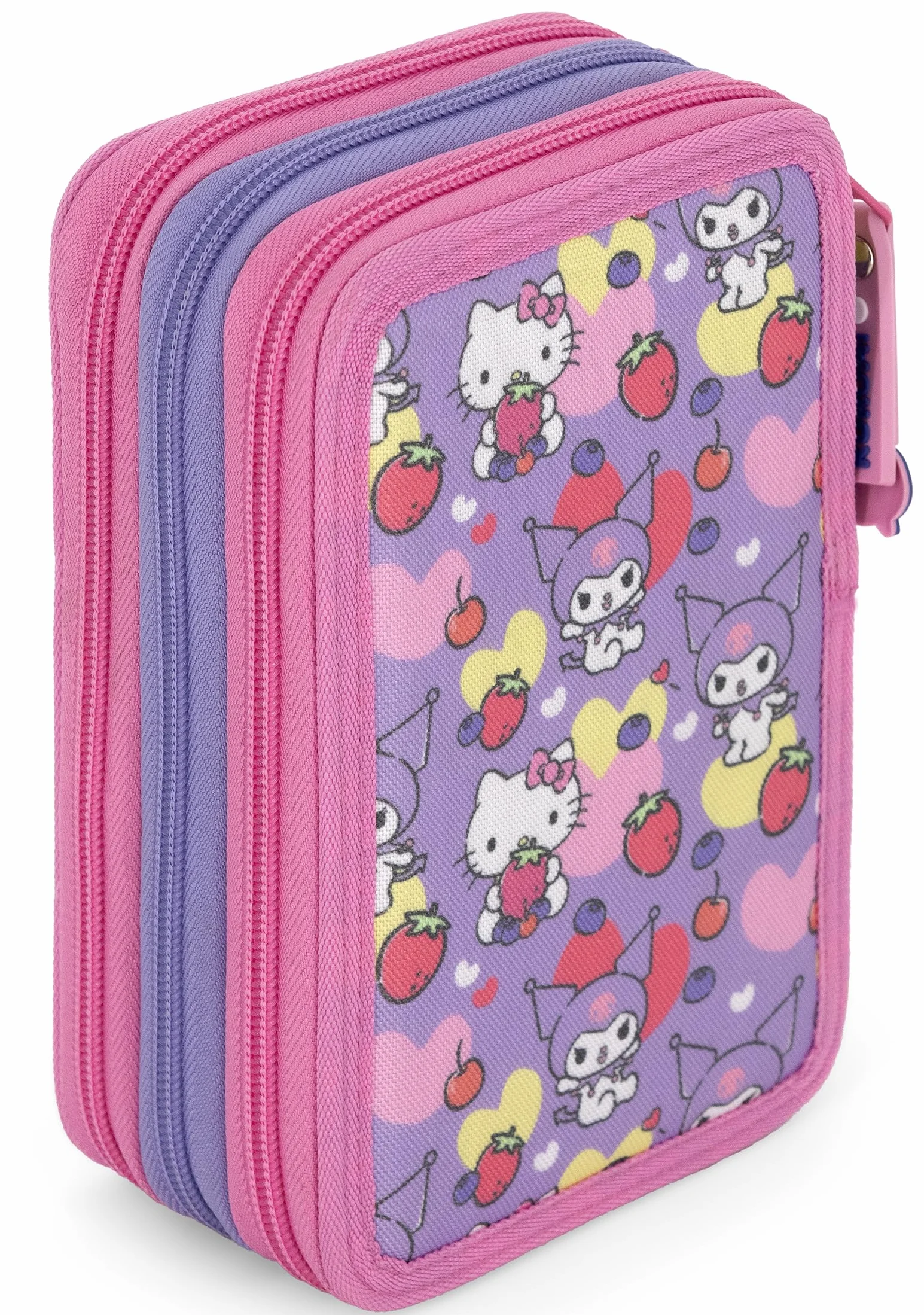 Piórnik z Wyposażeniem 3-Komorowy, Dla Fanów Hello Kitty i Kuromi - Zestaw Szkolny 46 Elementów: Długopisy Ścieralne, Pisaki Giotto, Kredki - Wyprawka dla Dziewczynki