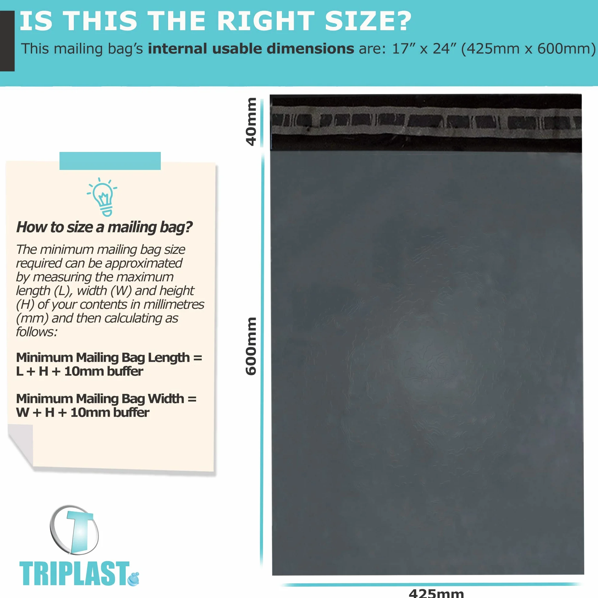 Triplast 17 x 24" (425 x 600 mm) torby pocztowe (opakowanie 25 sztuk) – duże samoprzylepne plastikowe torby pocztowe do pakowania i wysyłki