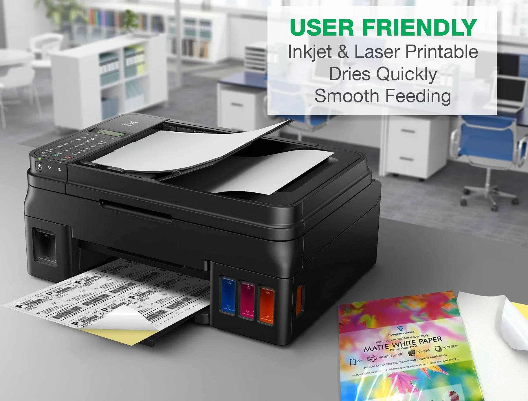 Evergreen Goods Ltd 50 arkuszy A4, biały, samoprzylepny matowy papier do naklejek, trwały papier fotograficzny do drukarek atramentowych i laserowych, samoprzylepny papier do drukowania z tyłu,
