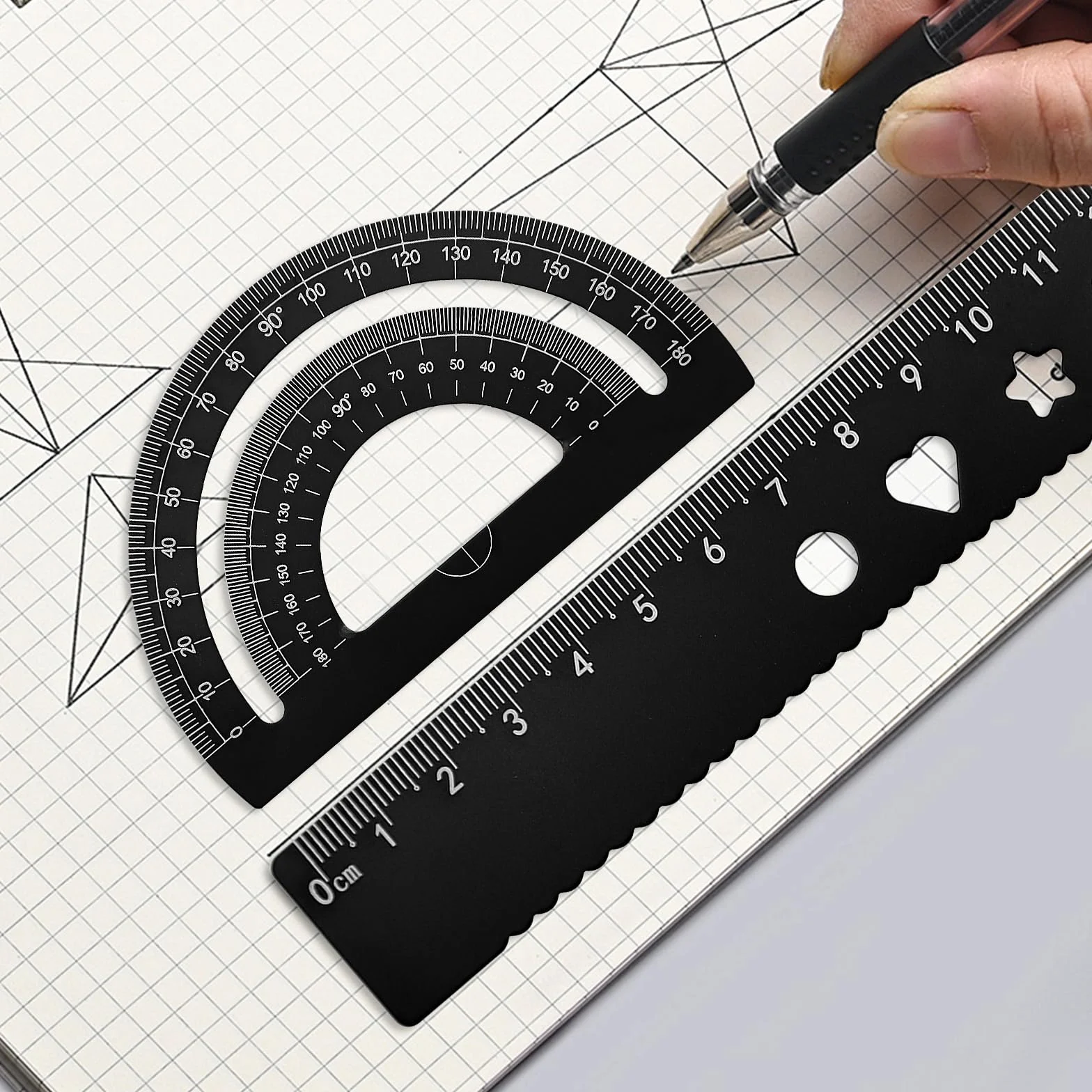 Zestaw 4 linijek ze stopu aluminium, kątomierz, trójkąt, architekt, linijka, zestaw linijek matematycznych, geometrycznych, dla uczniów, nauczycieli, inżynierów i rysowników (czarny)