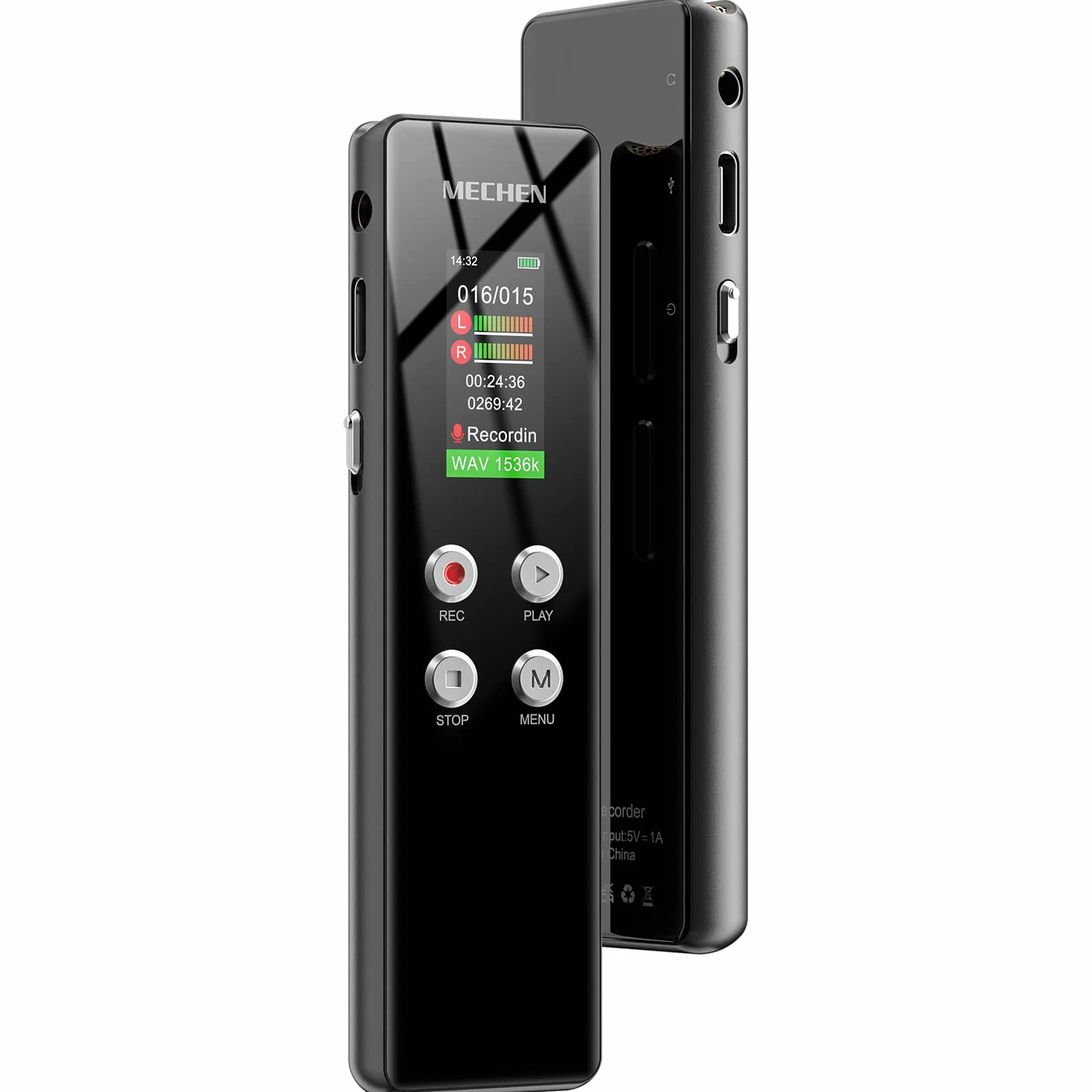 MECHEN V01 dyktafon 64 GB, nagrywanie HD jednym kliknięciem (1536 kbps), nagrywanie głosu, automatyczna redukcja szumów, odtwarzacz MP3, ochrona hasłem, akumulator 300 mAh