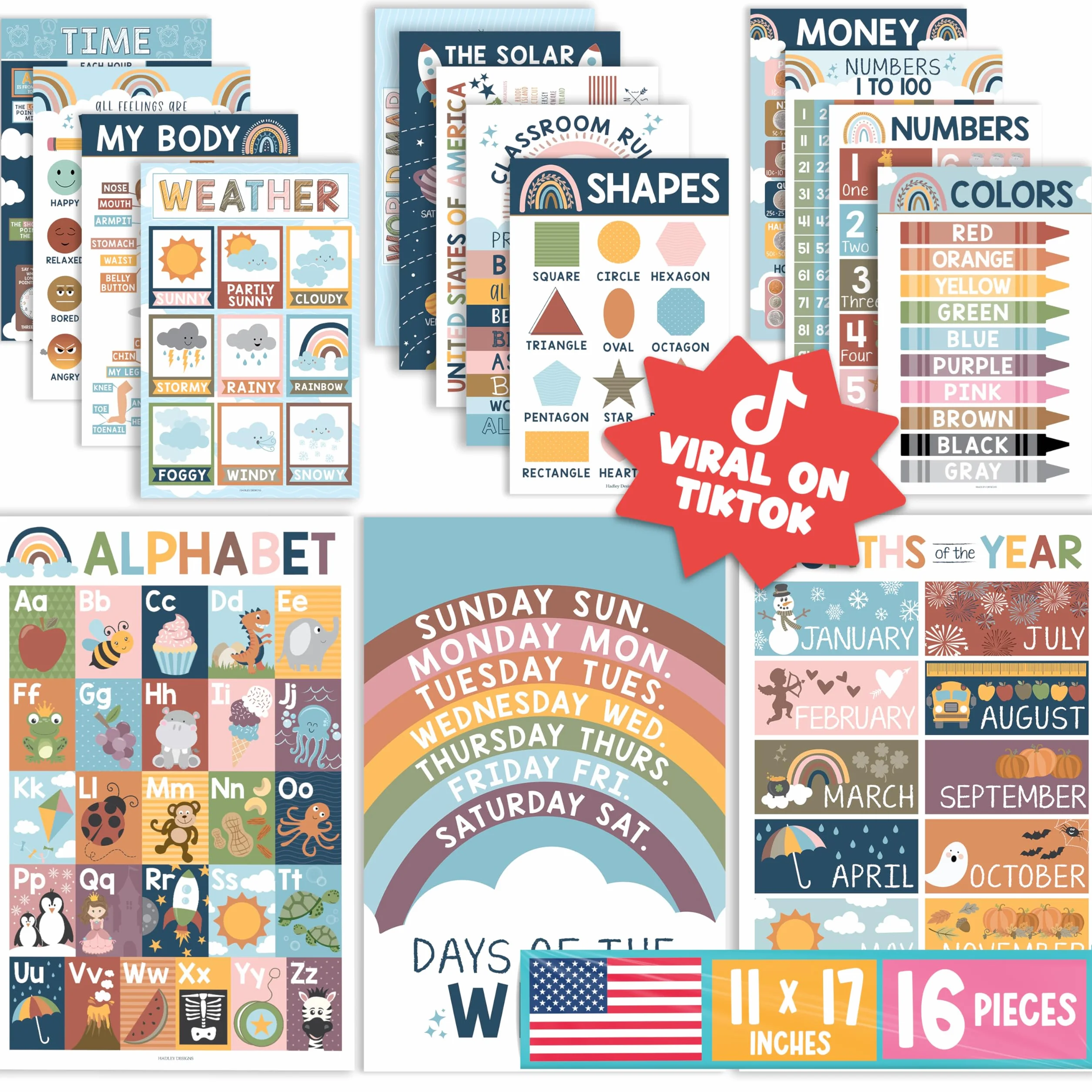 Hadley Designs 16 edukacyjnych plakatów dla maluchów w wieku 1–3 lat, laminowane plakaty do nauki dla przedszkolaków i dzieci w zerówce: alfabet, cyfry, kolory, kształty, dni tygodnia, dekoracje sali