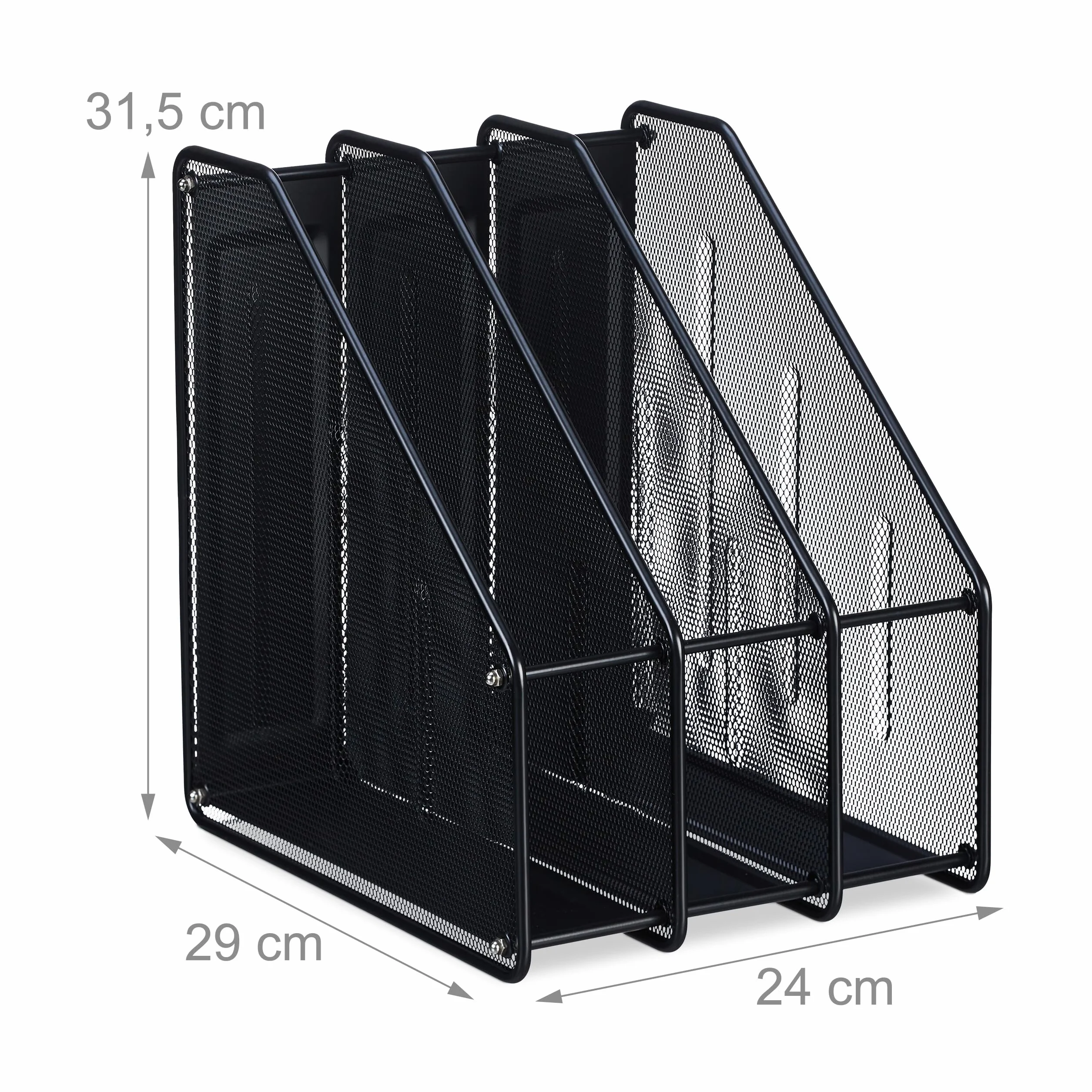 Relaxdays Organizer stojący, A4, 3 przegródki, siatka, wys. x gł.: 31,5 x 24 x 29 cm, biuro i biuro, segregator stojący, metal, czarny