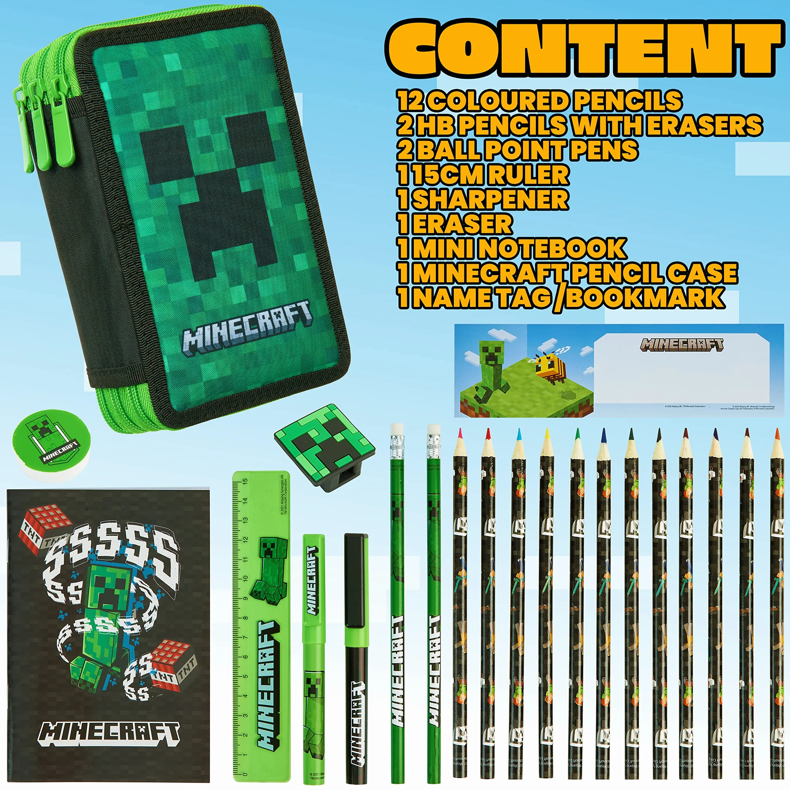 Minecraft Wypełniony piórnik dla dzieci z wieloma przegródkami, w zestawie artykuły papiernicze - przybory szkolne (zielony pnącze)