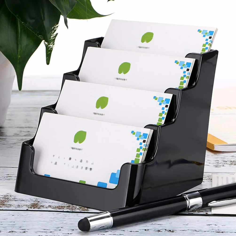 BTSKY Czarne akrylowe etui na wizytówki, 4 kieszonkowe stojaki, organizer na biurko 2 szt
