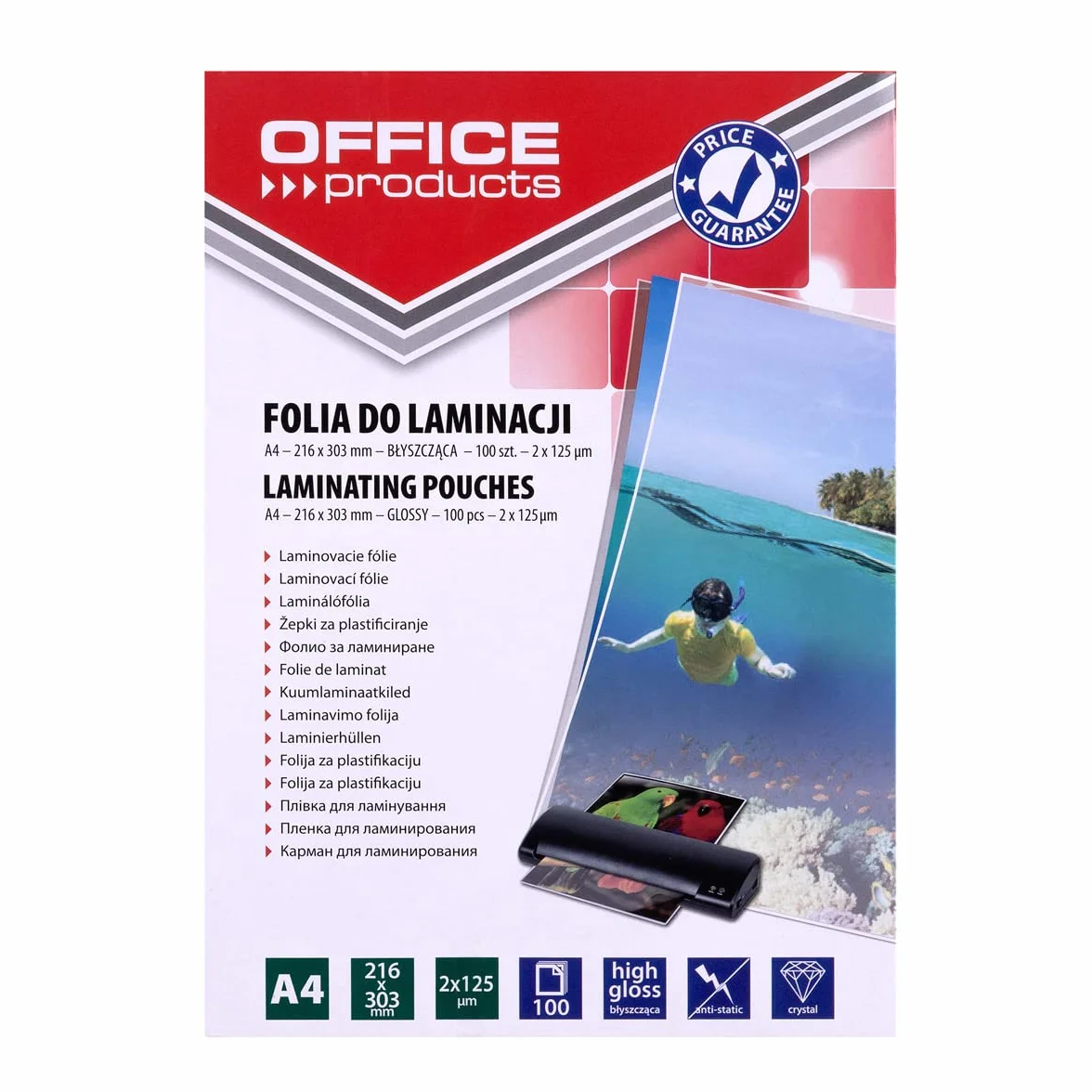 Folia do Laminowania OFFICE PRODUCTS A4 2x125mikr Błyszcząca 100szt Transparentna/Prezentacja/Typ-do Laminowania/Rodzaj-Błyszcząca/Materiał-Plastik/Kolor-Transparentny/Grubość (mm)-2x125µm
